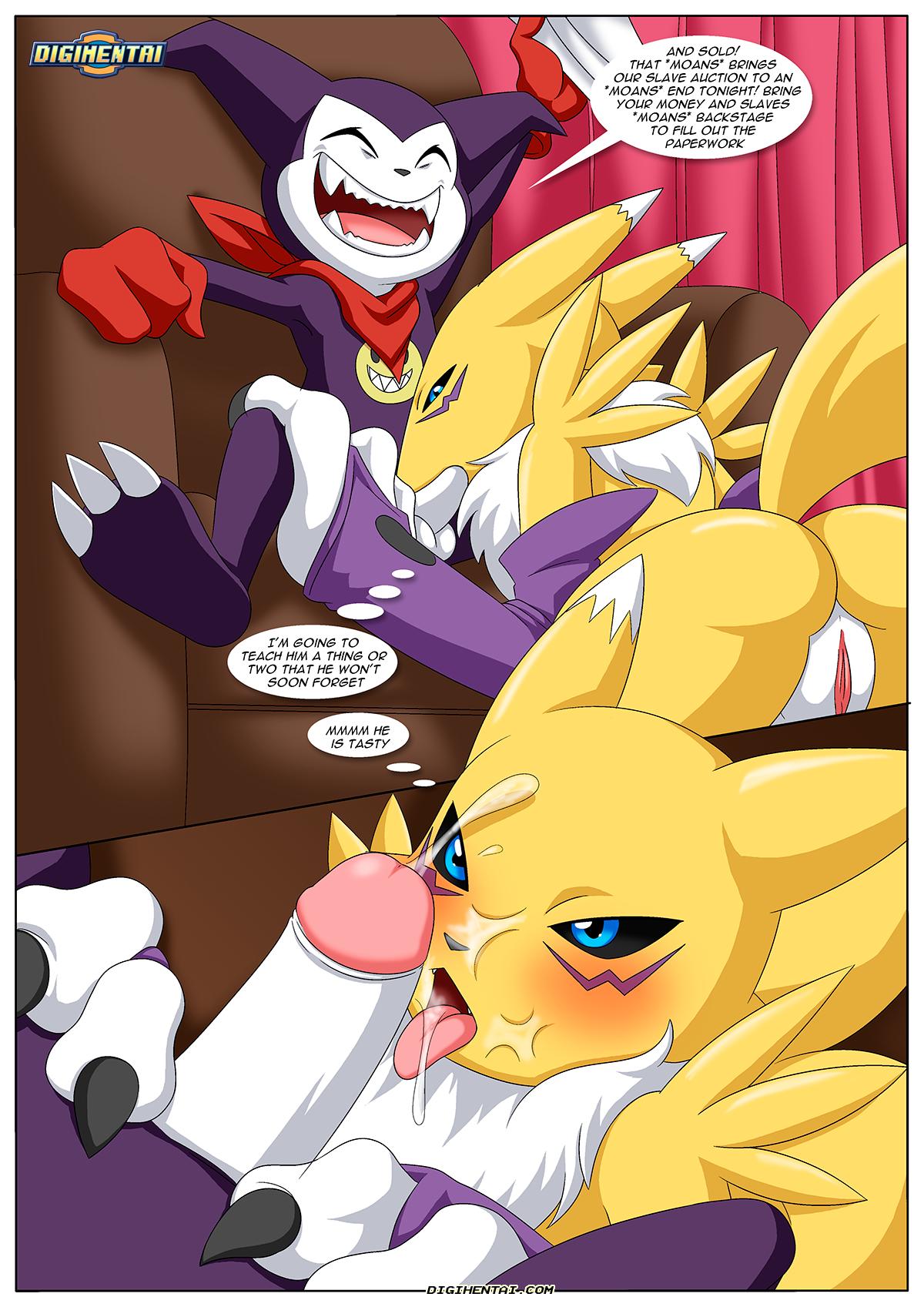 balls blowjob comic cum_on_face cumshot digihentai digimon english_text fellatio fox imp impmon impmons_slave_emporium nude palcomix penis pussy renamon speech_bubble thought_bubble vixen