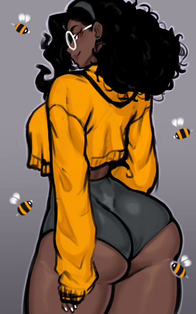 1girls b_(pokko) bee big_ass big_breasts big_butt black_hair cardigan dark-skinned_female dark_skin female fluffy_hair glasses looking_at_viewer pokko_(artist) red_eyes sideboob tagme tight_clothing