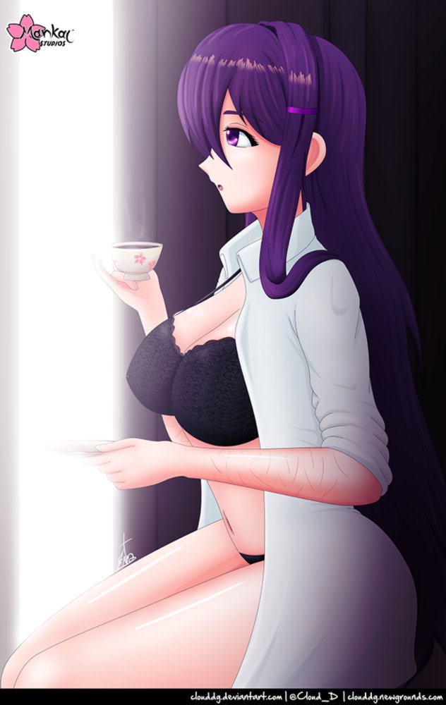 1girls ass black_bra black_panties bra cleavage clouddg cup cuts doki_doki_literature_club female healed_cuts healed_scars holding_cup holding_object panties purple_eyes purple_hair scars shirt sitting solo unbuttoned_shirt white_shirt yuri_(doki_doki_literature_club)