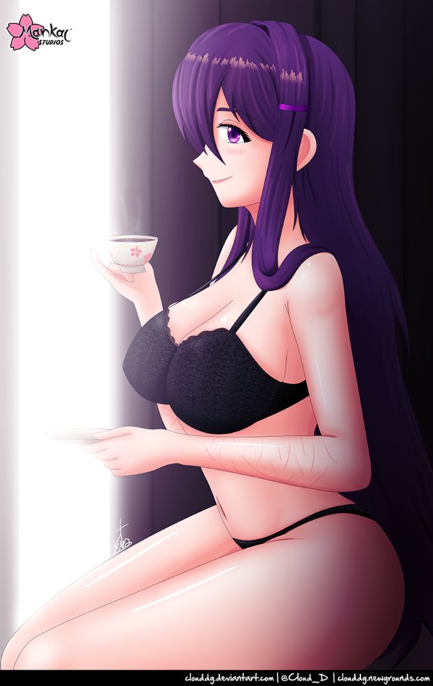 1girls ass black_bra black_panties bra cleavage clouddg cup cuts doki_doki_literature_club female healed_cuts healed_scars holding_cup holding_object looking_at_viewer panties purple_eyes purple_hair scars smile smiling smiling_at_viewer solo yuri_(doki_doki_literature_club)