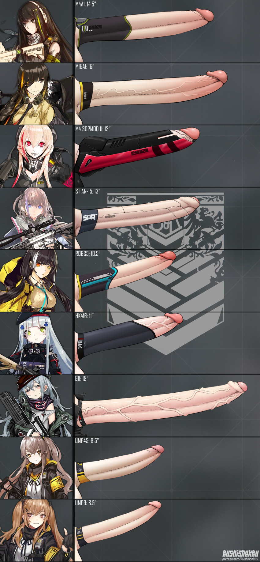 6+girls artist_name better_version_at_source big_penis black_hair blue_eyes blue_hair blush brown_hair character_name chart comparison erection eyepatch fingerless_gloves foreskin futanari futanari_focus g11_(girls'_frontline) genitalwear girls'_frontline gloves green_hair gun hat heterochromia hk416_(girls'_frontline) huge_cock huge_penis kushishekku large_penis long_hair long_image long_penis looking_at_viewer m16a1_(girls'_frontline) m4_sopmod_ii_(girls'_frontline) m4a1_(girls'_frontline) measurements multicolored_hair multiple_girls orange_eyes orange_hair penis penis_chart penis_comparison penis_ornament penis_size_chart penis_size_comparison penis_size_difference pink_hair red_eyes red_hair ro635_(girls'_frontline) short_hair side_ponytail st_ar-15_(girls'_frontline) testicles twintails ump45_(girls'_frontline) ump9_(girls'_frontline) uncensored veins veiny_penis weapon white_hair yellow_eyes