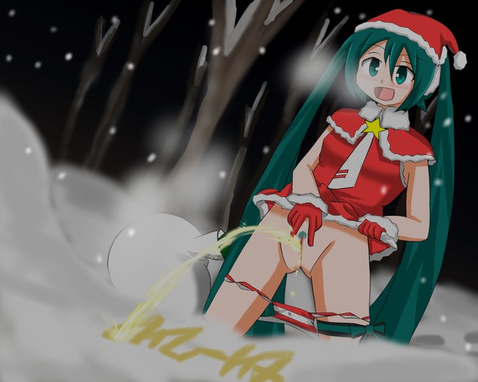 bag hatsune_miku outside panties panties_around_leg peeing peeing_on_ground pussy red_panties sack santa_costume santa_hat snow striped_panties tagme toro_r18 urinating urination urine urine_stream vocaloid yellow_snow