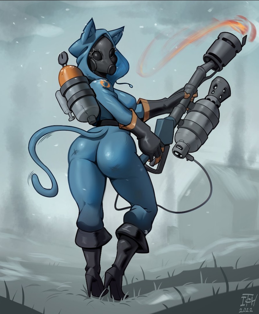 beautiful_background blue_body boots cat_ears cat_tail elbow_gloves fempyro gas_mask high_heel_boots high_heels hood_up hoodie itchyears knee_boots latex latex_gloves looking_at_viewer looking_back pyro_(team_fortress_2) rubber rubber_suit snow tagme team_fortress_2 tf2