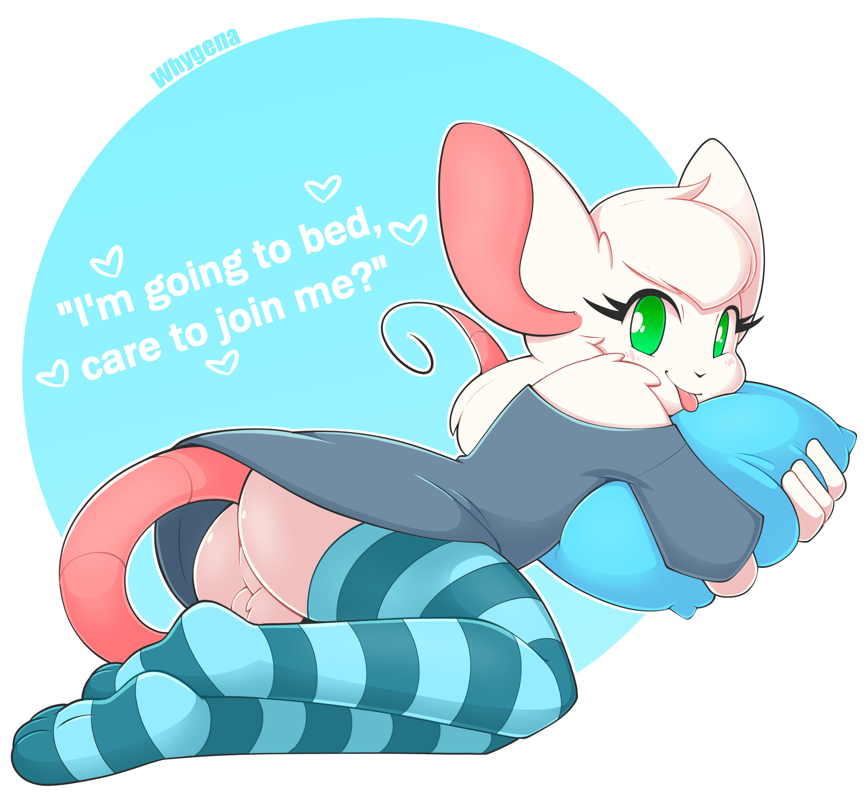balls, femboy, girly, looking at viewer, male, male only, mostly nude, reggie (whygena), solo, striped legwear, tongue, whygena