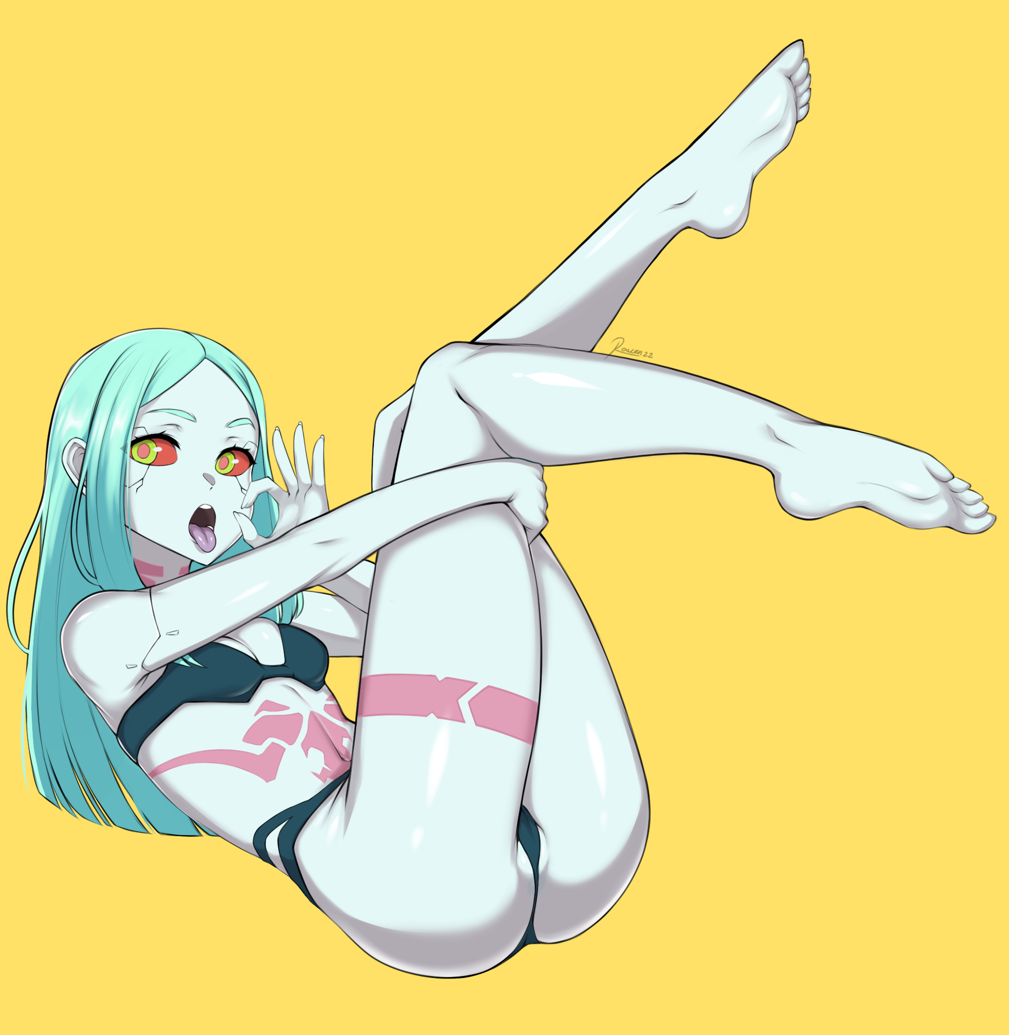 1girls, ass, body markings, breasts, cybernetics, cyberpunk 2077, cyberpunk: edgerunners, cyborg, eye contact, feet, female, female only, green eyes, long hair, looking at viewer, oral invitation, ravenrine, rebecca (edgerunners), red sclera, small breasts, solo, thick thighs, thighs, toes, yellow background