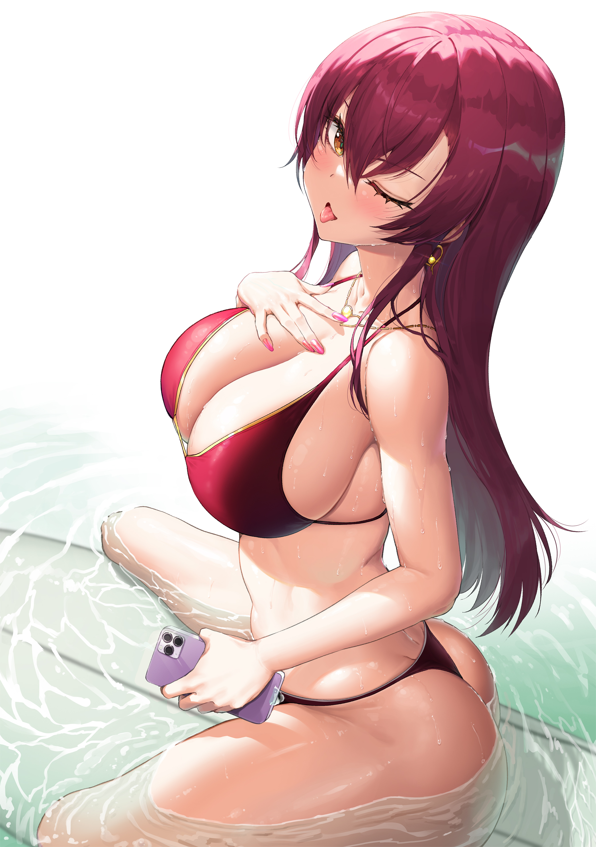 ass, big ass, big breasts, big butt, bikini, breasts, busty, cellphone, cleavage, female, female only, hololive, hololive fantasy, hololive japan, houshou marine, kokono (kokonokami), looking at viewer, red bikini, red hair, sideboob, solo, solo female, surfboard, swimsuit, virtual youtuber, voluptuous, water, wet, wide hips, wink
