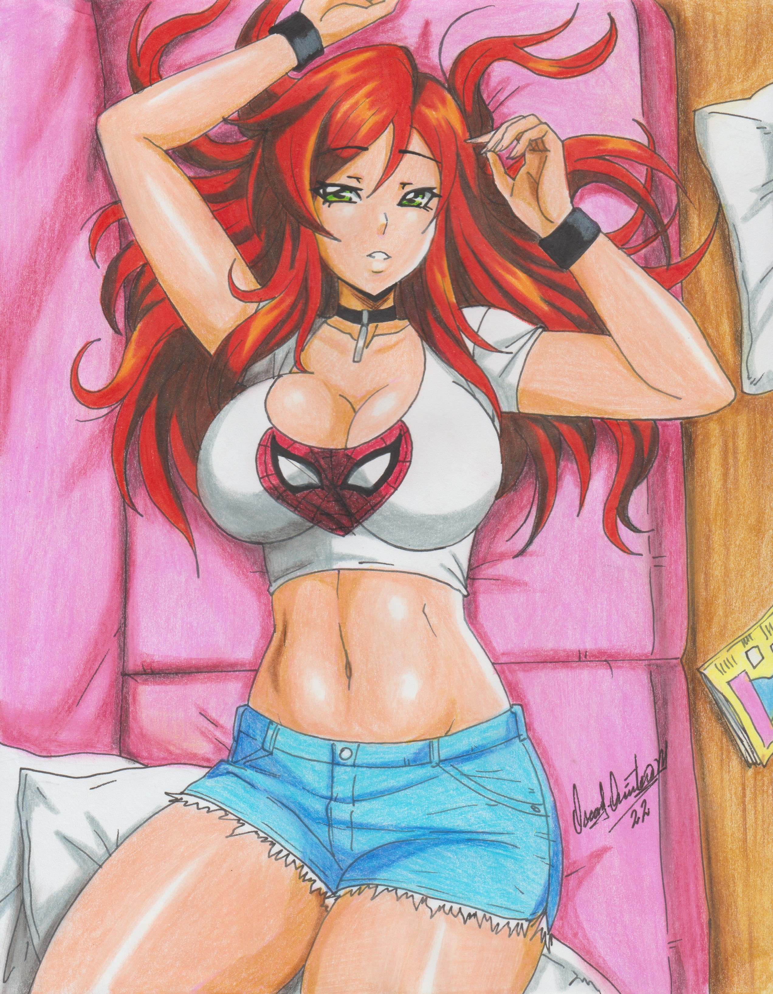 1girls, 2022, big breasts, breasts, choker, cleavage, clothed, crop top, denim, denim shorts, exposed midriff, female, green eyes, inviting, long hair, looking at viewer, marvel, marvel comics, mary jane watson, midriff, navel, on back, pencil (artwork), ravern clouk, red hair, seductive, seductive look, short shorts, shorts, solo, solo female, spider-man (series), spider-man crop top, thick thighs