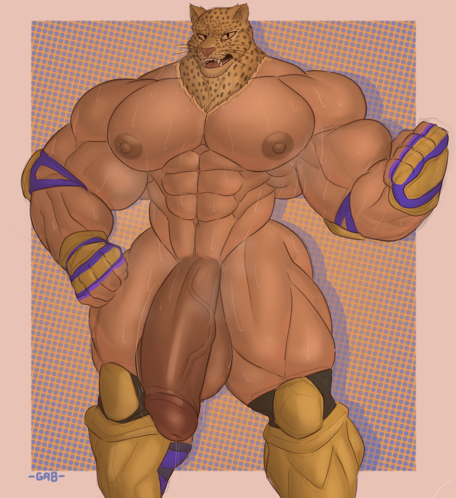 balls, bodybuilder, flaccid, furry, gab art, hyper, hyper balls, hyper cock, hyper genitalia, hyper penis, hyper testicles, king (tekken), male, male only, masked male, muscles, muscular, muscular arms, muscular male, muscular thighs, musk, nude, penis, solo, solo male, sweat, sweating, sweaty, sweaty balls, sweaty body, tekken, testicles, wrestling outfit