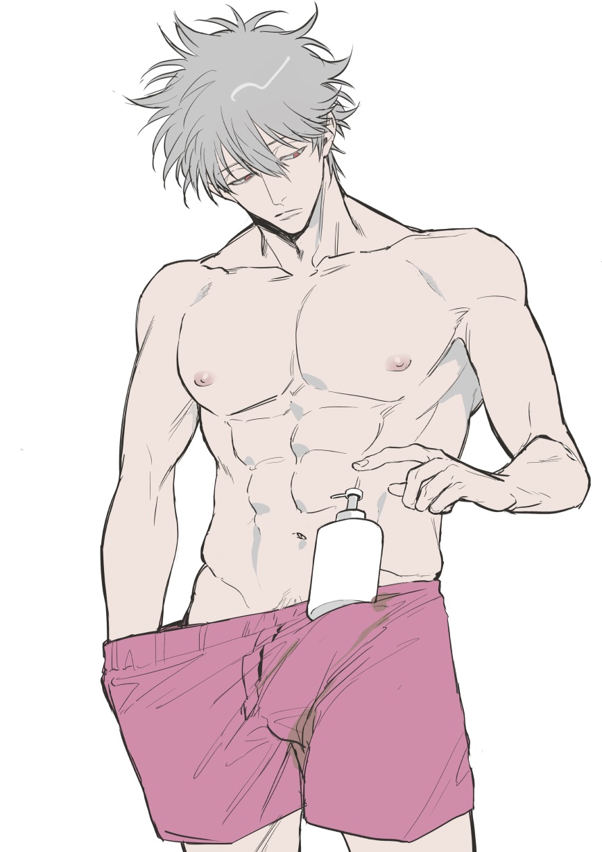 boxers bulge erection_under_clothes expressionless gintama gintoki_sakata grey_hair half-closed_eyes male male_only messy_hair muscular muscular_male pale-skinned_male pale_skin shampoo_bottle shampoo_challenge solo topless topless_male underwear underwear_pull