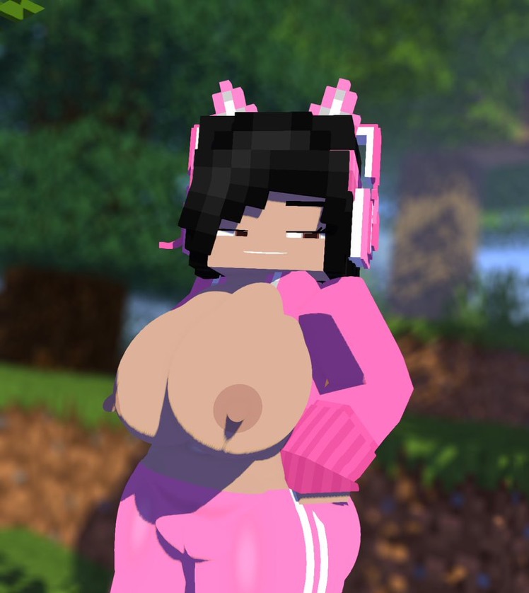 3d big_breasts big_nipples black_hair breasts breasts_out cameltoe headphones looking_back melinajbt mine-imator minecraft pink pink_clothing sara_(melinajbt) smiling