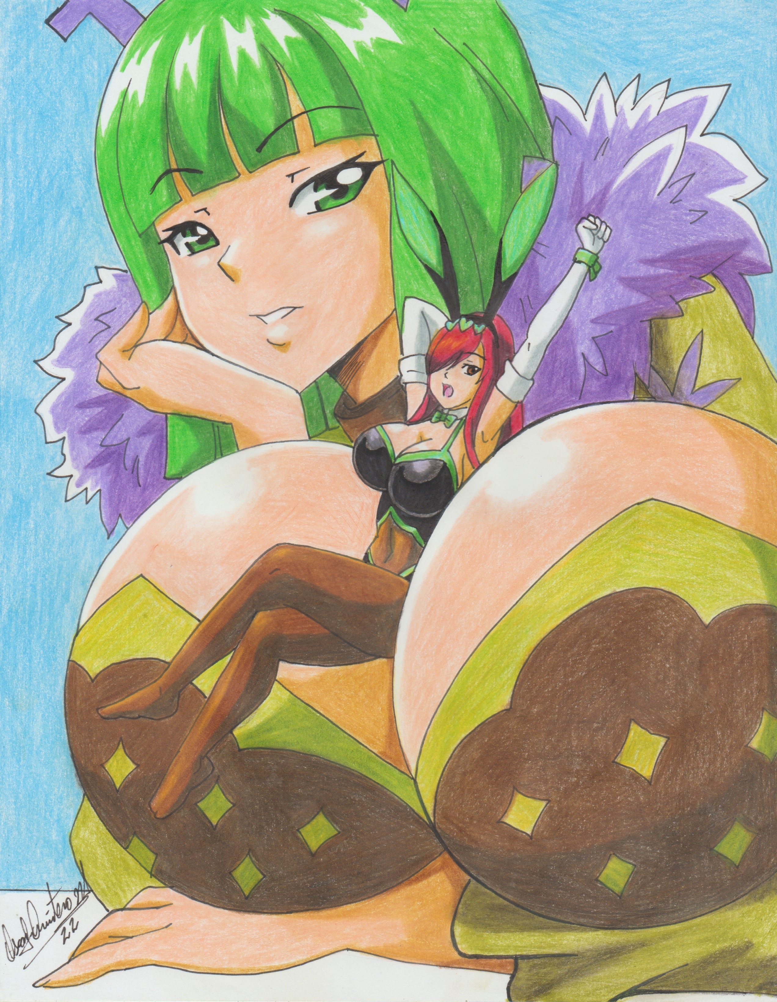 2022, 2girls, big breasts, bigger female, brandish mew, breasts, bunny ears, bunny girl, bunnysuit, cleavage, commission, erza scarlet, fairy tail, feet, female, female only, giantess, green hair, green-haired female, huge breasts, micro female, pantyhose, pencil (artwork), ravern clouk, red hair, red-haired female, smaller female