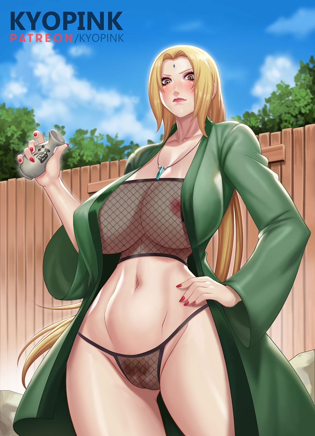 1girls alcohol areola big_breasts blonde_hair blush bottle breasts brown_eyes curvaceous curvy curvy_figure female female_only fishnet_topwear fishnets functionally_nude haori holding_object hot_spring hourglass_figure kyopink large_breasts long_hair looking_at_viewer mature mature_female midriff milf nail_polish naruto naruto_(series) naruto_shippuden necklace nipples onsen posing pubic_hair pussy revealing_clothes rocks sake sake_bottle see-through see-through_bra see-through_clothing see-through_panties solo solo_focus standing steam tied_hair tsunade tubetop twintails underwear visible_pussy waistcoat wide_hips wooden_fence