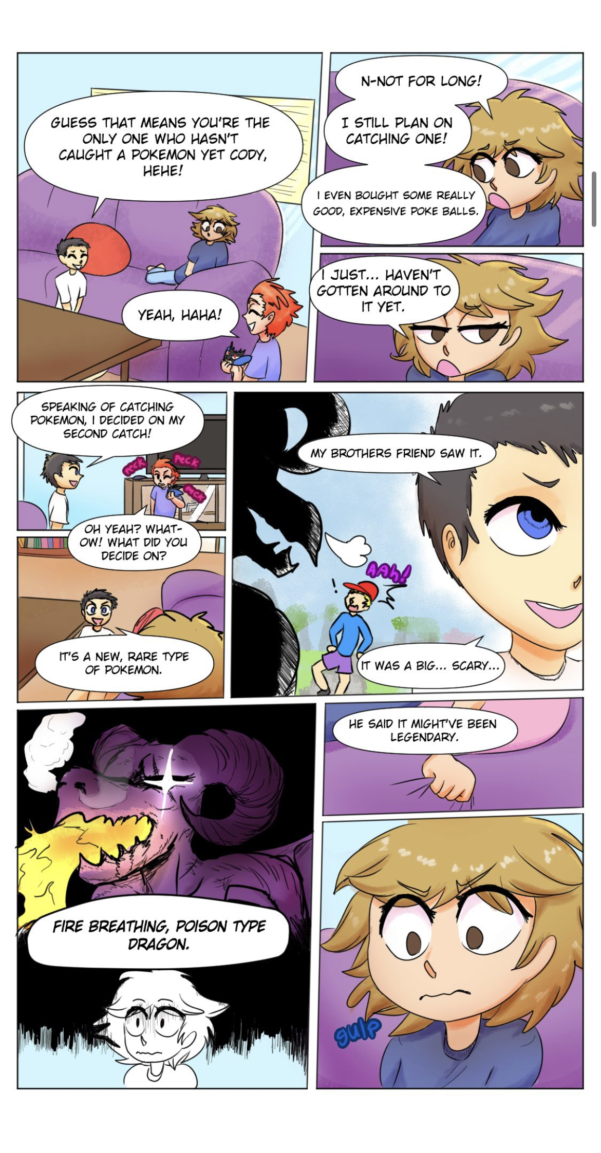 black hair, blonde hair, blue eyes, brown eyes, comic, comic page, couch, detailed background, dialogue, house, male, male only, nintendo, pokémon (species), pokemon, pokemon (species), salazzle, slickerwolf, text