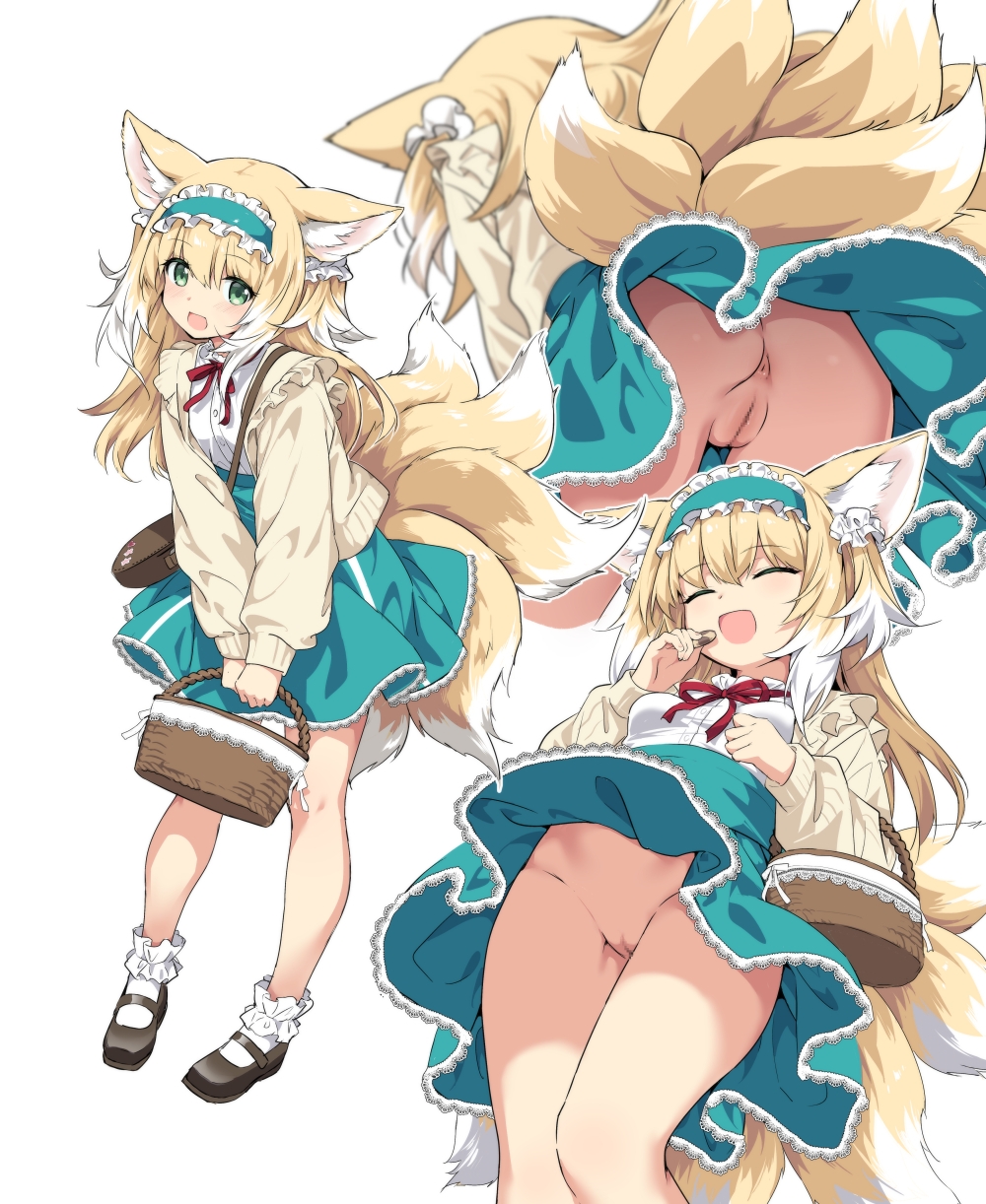 :d ^_^ animal_ears ankle_cuffs anus arknights bare_legs basket black_footwear blonde_hair blue_skirt cardigan censored closed_eyes female flats fox_ears fox_girl fox_tail frilled_hairband frills green_eyes hair_down hairband high-waist_skirt highres holding holding_basket kataokasan kitsune long_hair long_sleeves mary_janes mosaic_censoring multicolored_hair multiple_tails multiple_views necktie no_panties official_alternate_costume open_cardigan open_clothes open_mouth pussy red_ribbon ribbon shirt shirt_tucked_in shoes simple_background skirt smile standing streaked_hair suzuran_(arknights) suzuran_(spring_praise)_(arknights) tail upskirt white_background white_hair white_shirt yellow_cardigan