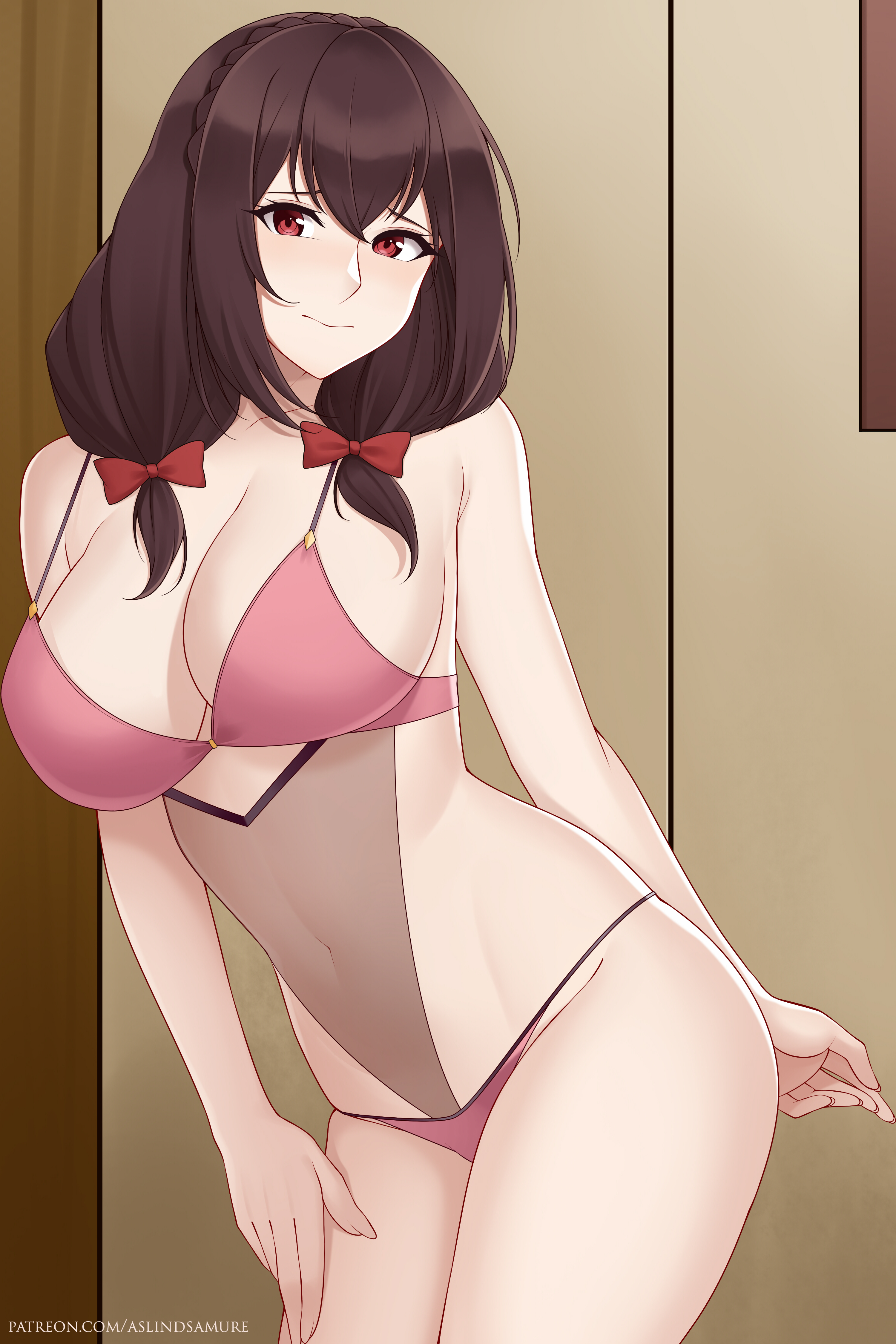 1girls, aslindsamure, big breasts, blush, breasts, brown hair, female, hair ribbon, kono subarashii sekai ni shukufuku wo!, large breasts, red eyes, solo, yunyun (konosuba)
