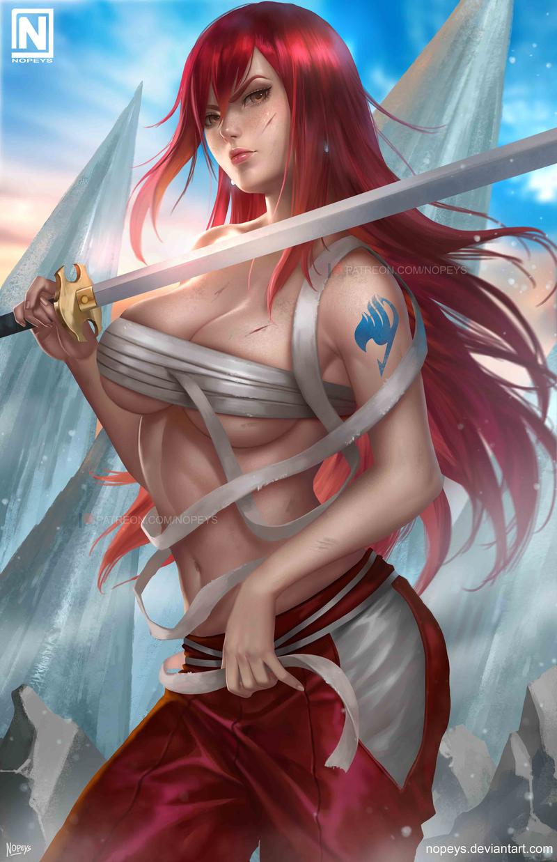 1girls breasts brown_eyes erza_scarlet exposed_breasts fairy_tail nipples nopeys pussy red_hair solo