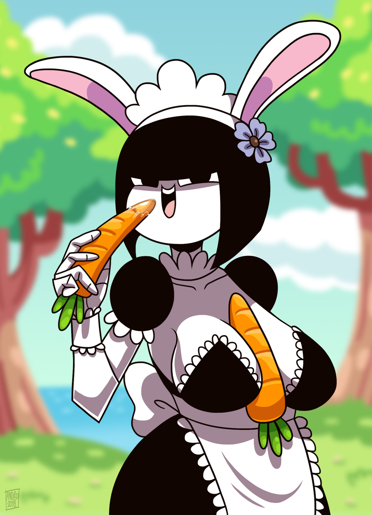 1girls, 2018, androjuniarto, breasts, carrot, carrot paizuri, easter, female, maidbot (androjuniarto), object between breasts, original character, rabbit ears, robot girl, solo