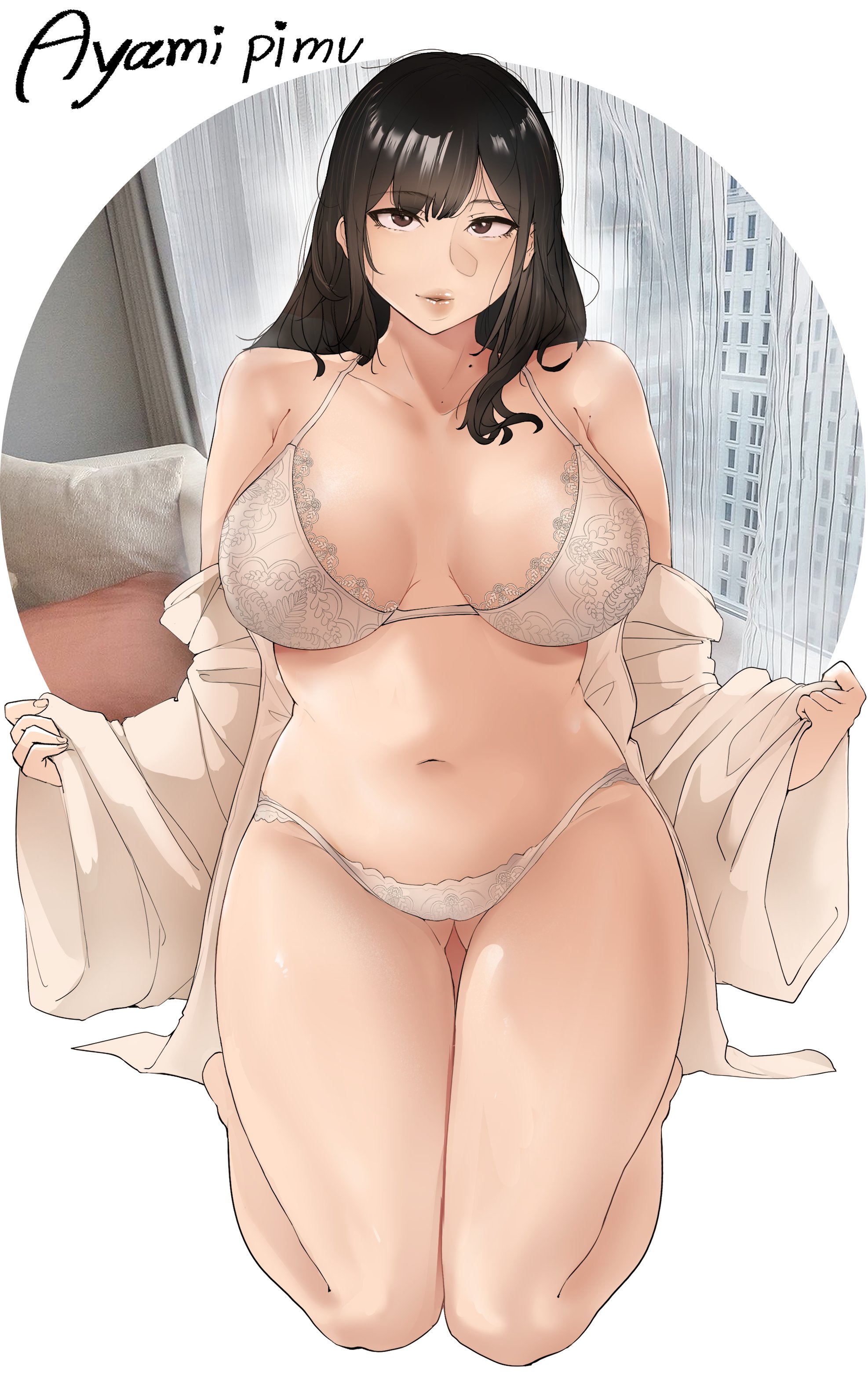 1girls, 2022, absurdres, ayamipimu, bangs, bare shoulders, black hair, bra, breasts, building, cleavage, curtains, female, female only, highres, long hair, looking at viewer, mature female, navel, original, panties, puzenketsu, real life, sitting, solo, solo female, underwear, white background, white bra, white panties, wide sleeves, window
