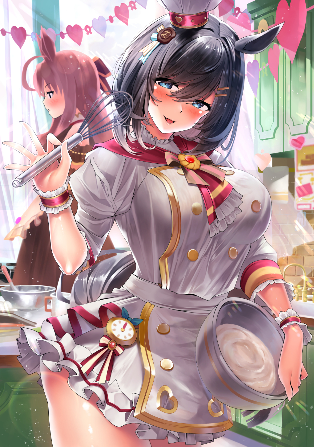 2girls ahoge apron bangs black_hair blue_eyes blush breasts brown_dress brown_hair buttons double-breasted dress eishin_flash_(umamusume) hair_ornament hairclip highres horse_girl kawai_(purplrpouni) large_breasts long_hair long_sleeves looking_at_viewer mihono_bourbon_(umamusume) mixing_bowl multiple_girls official_alternate_costume open_mouth short_hair smile thighs umamusume valentine whisk white_dress