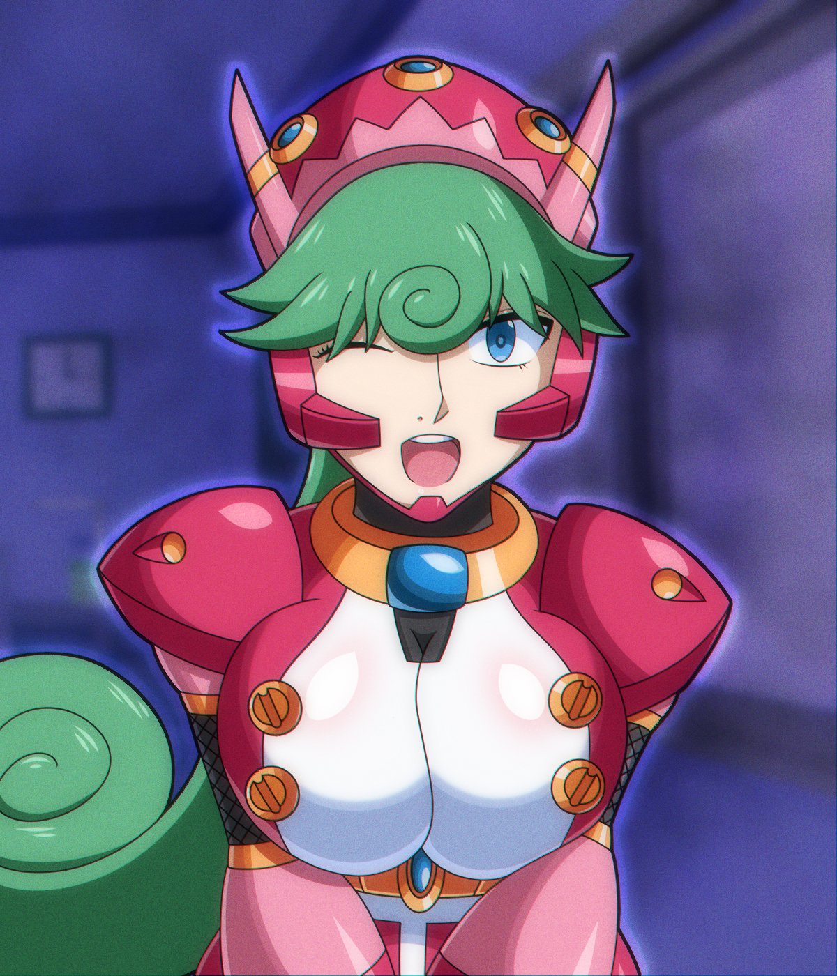 1girls big_breasts blue_eyes clothed clothed_female female_only green_hair headgear marino mega_man mega_man_x mega_man_x_dive ninja robot robot_girl rockmangrave soft_porn sole_female tagme wink