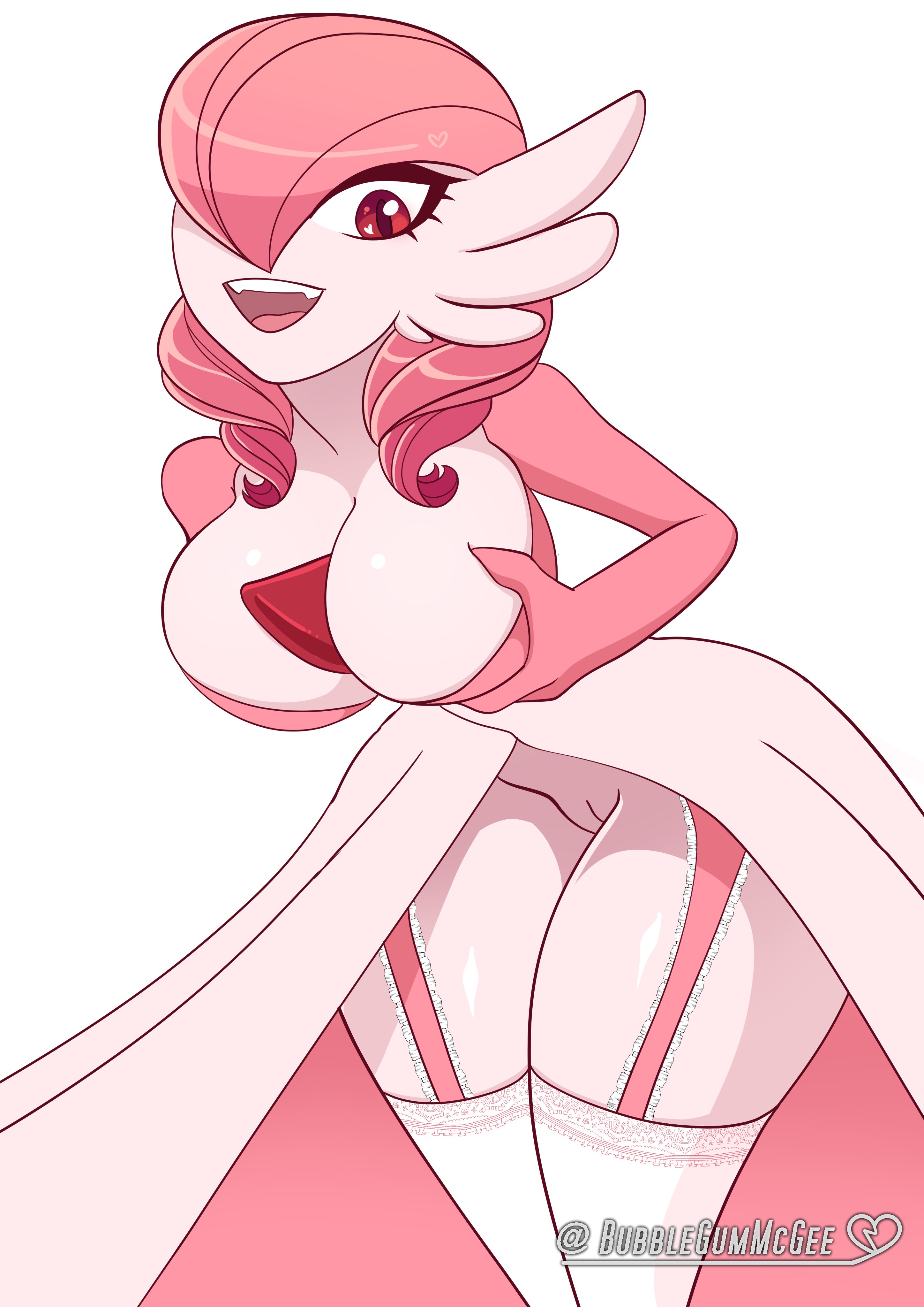 alternate color, bimbo gardevoir, breasts, bubblegummcgee, cosplay gardevoir, female, gardevoir, garter straps, hair over one eye, large breasts, pink hair, pokemon, pokemon (species), pokemon rse, pussy, red eyes, solo