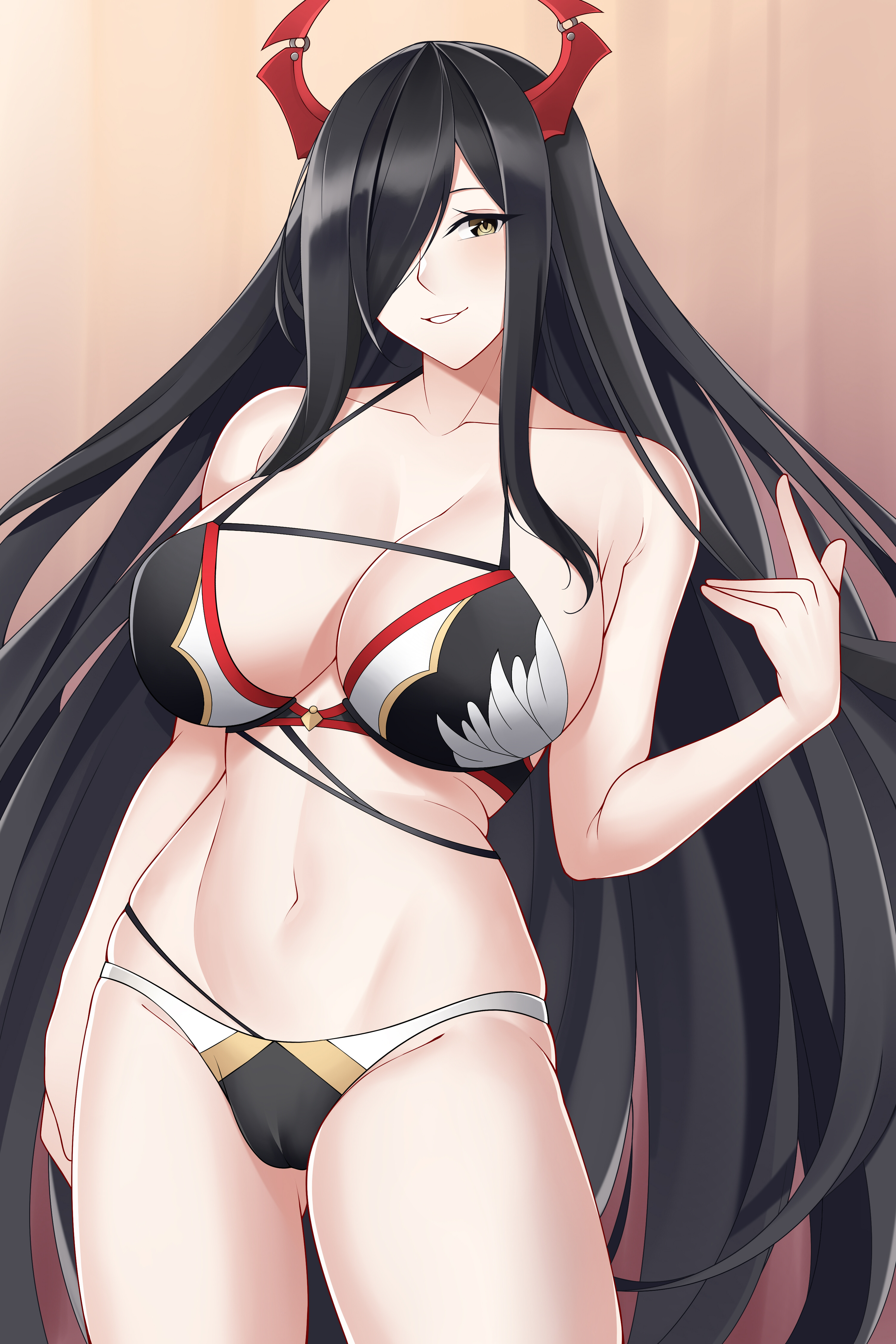 1girls, aslindsamure, azur lane, big breasts, breasts, cameltoe, clavicle, demon horns, female, friedrich der grosse (azur lane), long hair, pussy, solo
