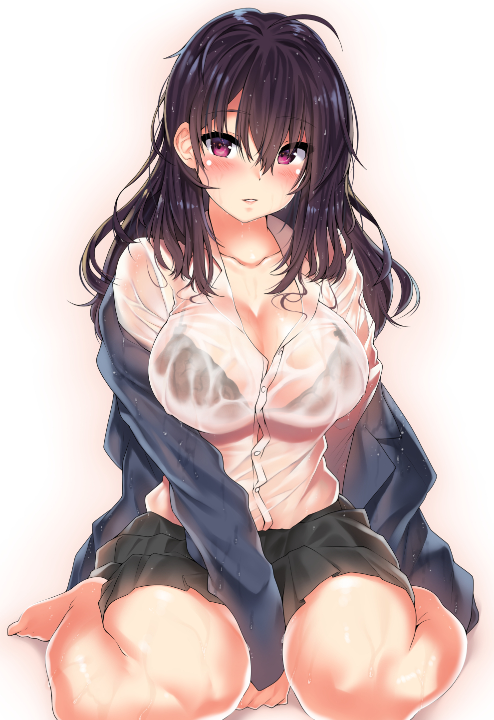 barefoot black_hair black_skirt blouse blue_jacket blush bra_visible_through_clothes breasts cleavage collarbone collared_shirt dress_shirt female highres jacket kawai_(purplrpouni) large_breasts long_hair long_sleeves looking_at_viewer off_shoulder open_clothes open_jacket original parted_lips pleated_skirt purple_eyes school_uniform see-through shirt simple_background sitting skirt solo thighs uniform wariza wet wet_clothes wet_shirt white_background white_shirt