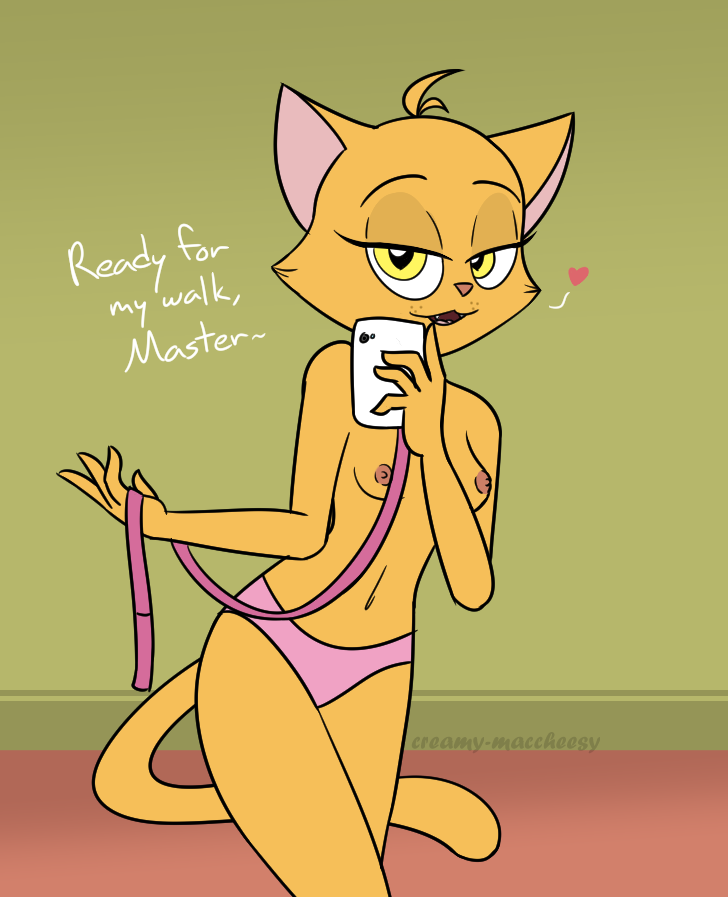 anthro breasts creamymacheesy domestic_cat felid feline felis female fur leash leash_pull mammal orange_body orange_fur phone seductive toontown_cat toontown_online