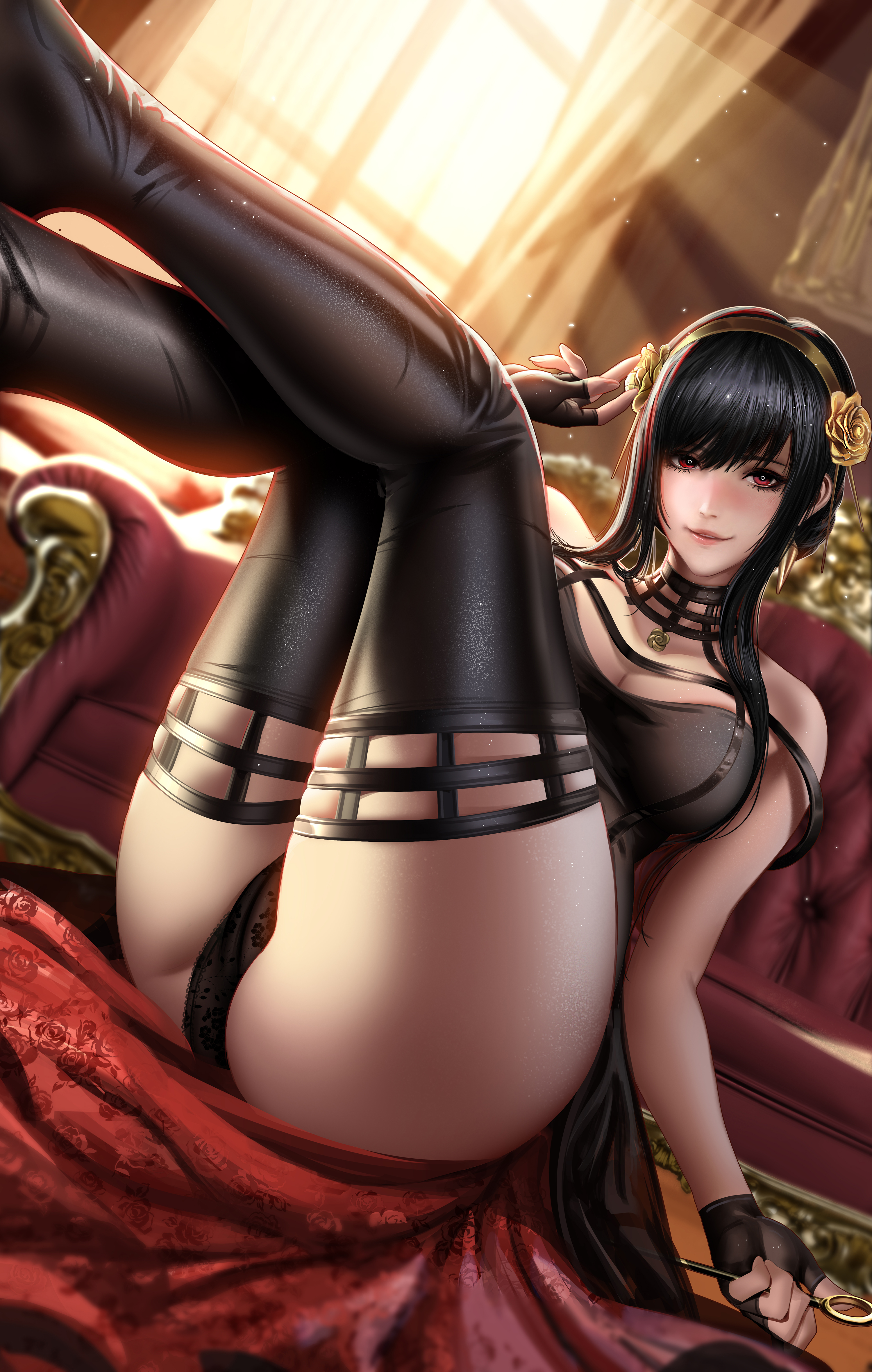 1girls, assassin, big breasts, breasts, female, female human, female only, human, liang xing, long fingernails, long hair, looking at viewer, low-angle view, mature female, open clothes, open kimono, pink eyes, pink nails, pubic hair, realistic, sharp fingernails, solo, spy x family, stiletto (weapon), thorn princess, yor briar, yor forger
