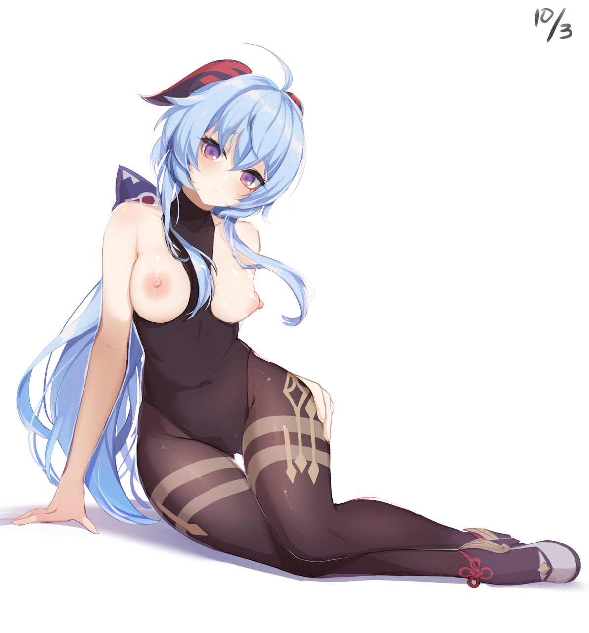 big breasts, blue hair, breasts, breasts apart, breasts out, breasts outside, exposed breasts, female, ganyu (genshin impact), genshin impact, hi res, highres, horns, huge breasts, long hair, looking at viewer, nipples, pantyhose, purple eyes, shoes, tagme, thick thighs, thigh gap, thighs, white background, yu-ta