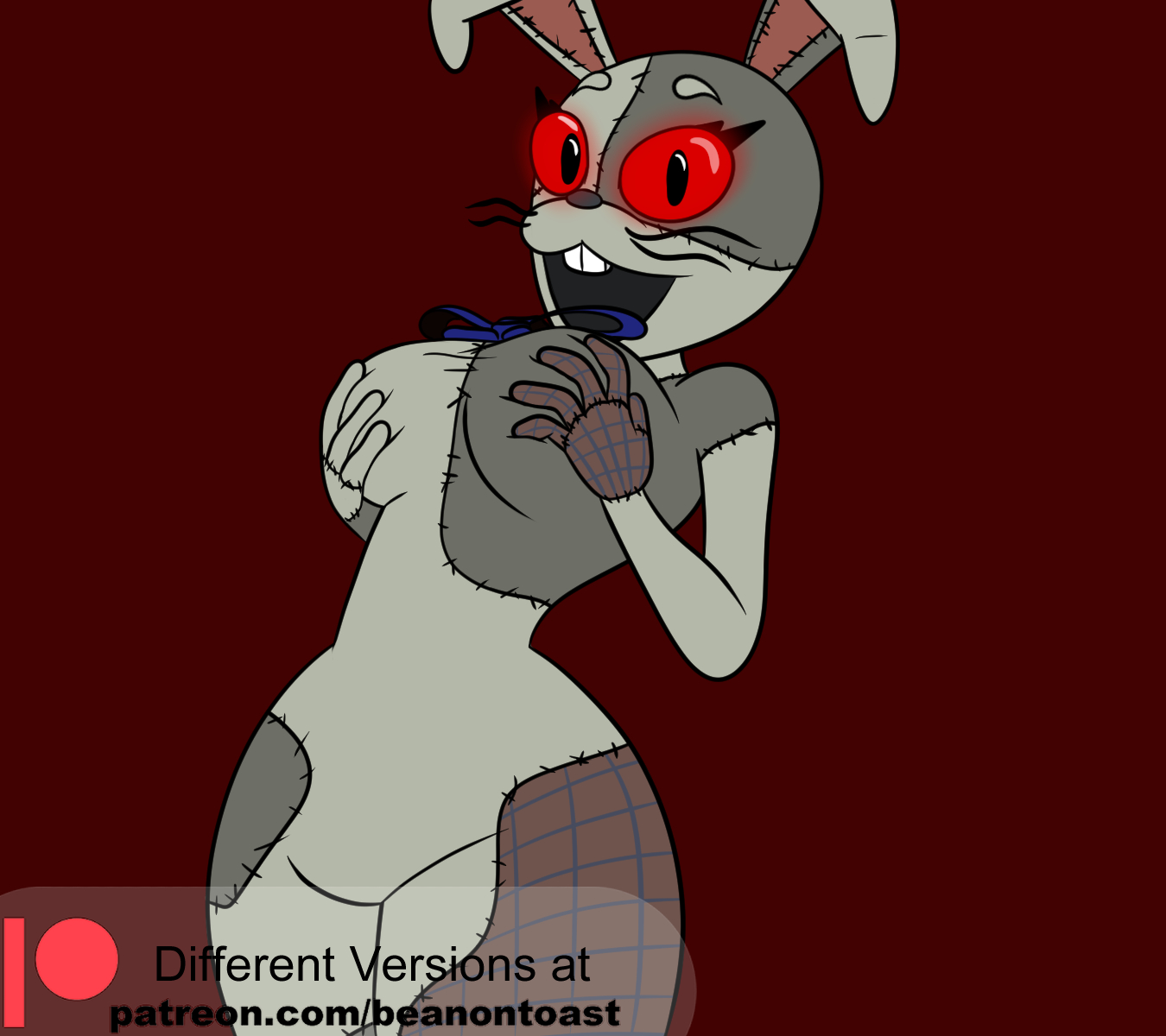 anthro, beanontoast, bowtie, breast fondling, breast grab, breast hold, breast squeeze, breast squish, breasts, bunny costume, bunny ears, bunny girl, bunnysuit, clothed, female, five nights at freddy's, five nights at freddy's: security breach, glowing, glowing eyes, looking at viewer, solo, thick thighs, vanny, vanny (fnaf), wide hips