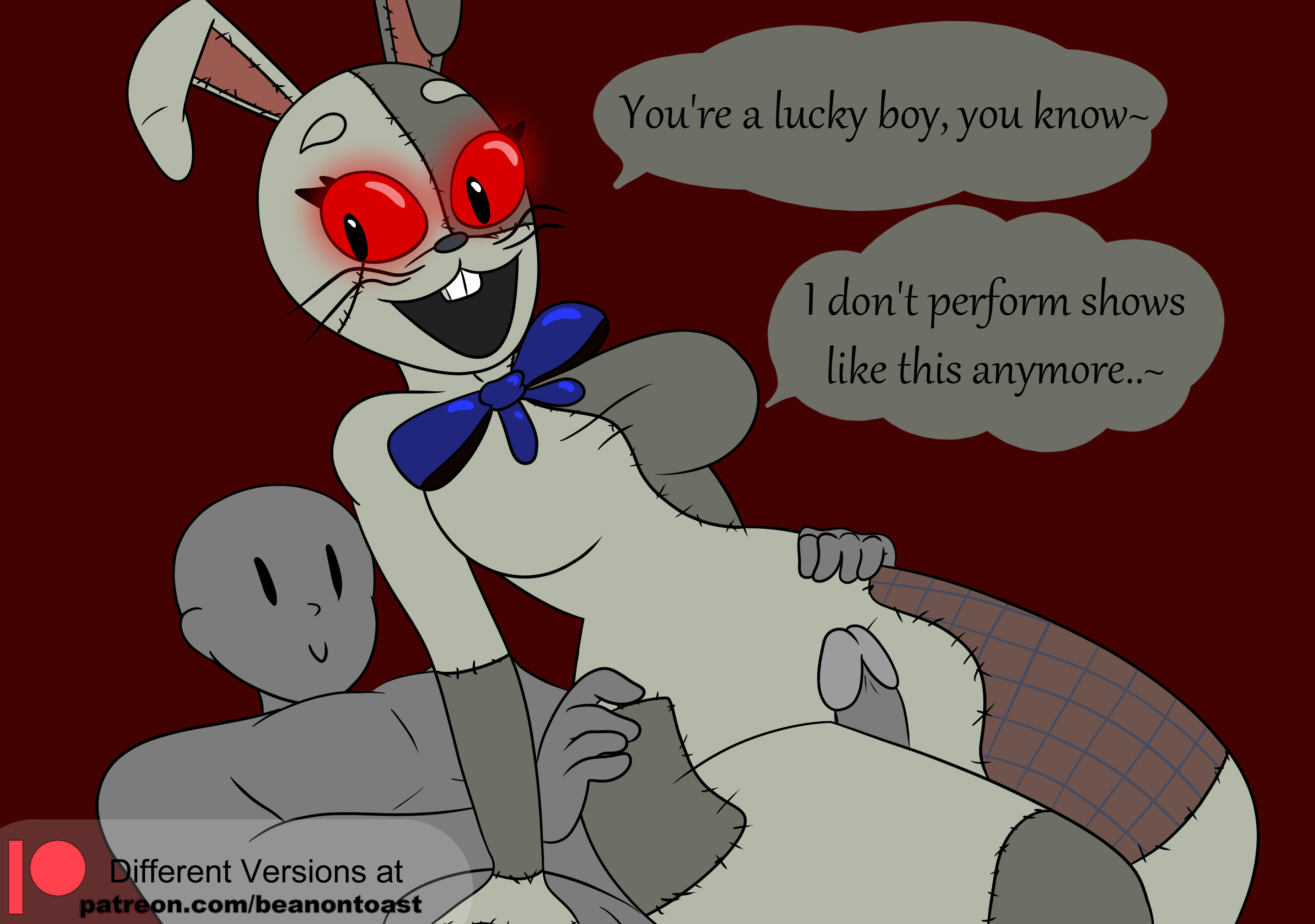 anon, beanontoast, bowtie, breasts, bunny, bunny costume, bunny ears, bunny girl, bunnysuit, female, five nights at freddy's, five nights at freddy's: security breach, glowing, glowing eyes, hands on hips, looking back, looking behind, smiling, straight, thick thighs, thigh sex, vanny, vanny (fnaf)