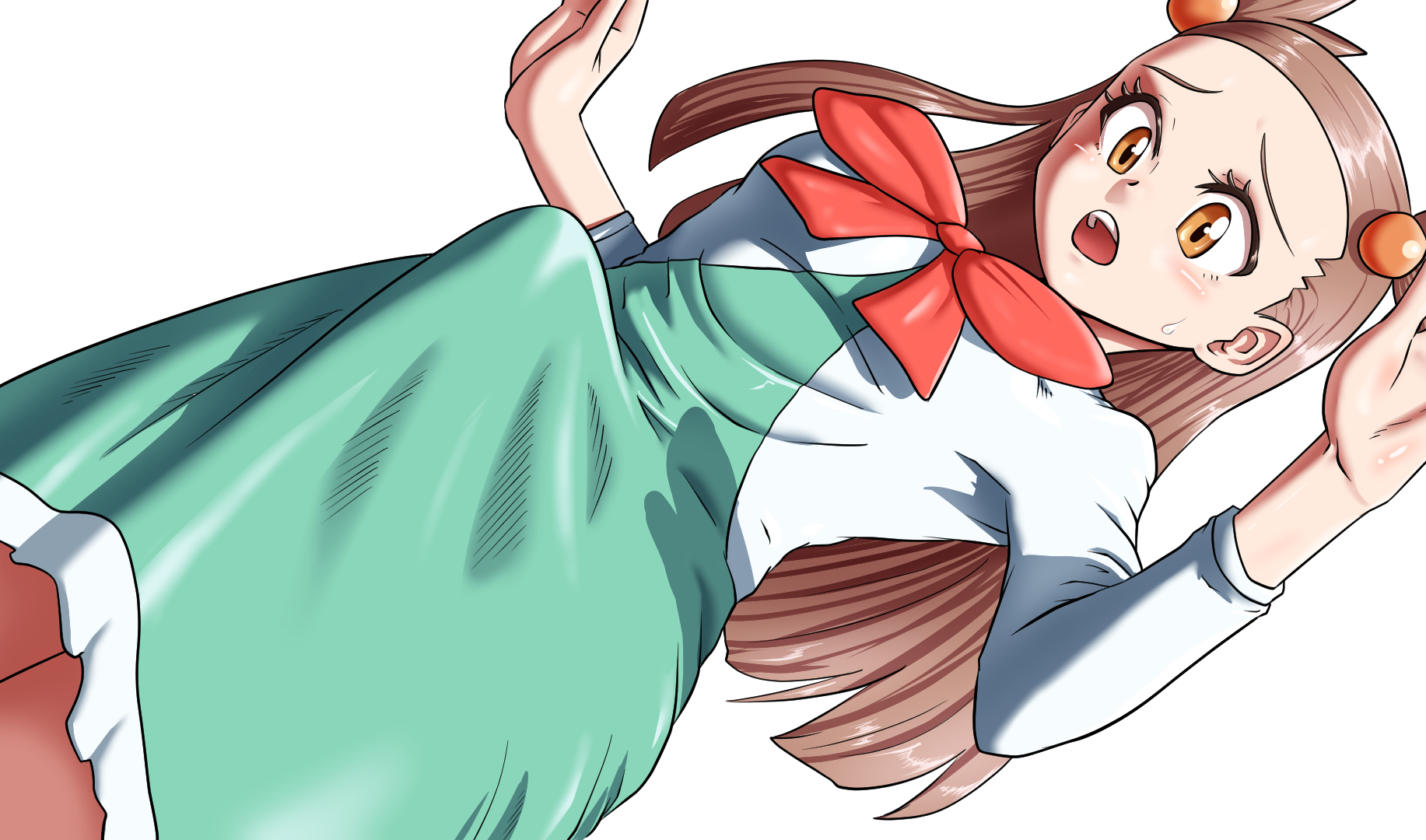 1futa, breasts, brown hair, clothed, clothing, dress, erection, erection under clothes, fully clothed, futa only, futanari, human, intersex, jasmine (pokemon), light skin, light-skinned futa, long hair, low-angle view, penis, penis under clothes, penis under dress, pokemon, pokemon trainer, solo, standing, sweat, tenting