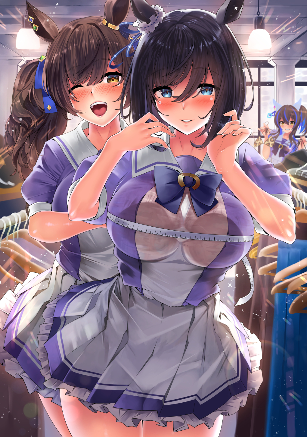 3girls animal_ears black_hair blue_eyes blue_hair blush breasts brown_hair cowboy_shot daitaku_helios_(umamusume) eishin_flash_(umamusume) grin hair_between_eyes highres horse_ears horse_girl kawai_(purplrpouni) large_breasts long_hair multiple_girls one_eye_closed open_mouth pleated_skirt puffy_short_sleeves puffy_sleeves school_uniform short_hair short_sleeves skirt smile tosen_jordan_(umamusume) tracen_school_uniform twintails umamusume white_skirt yellow_eyes