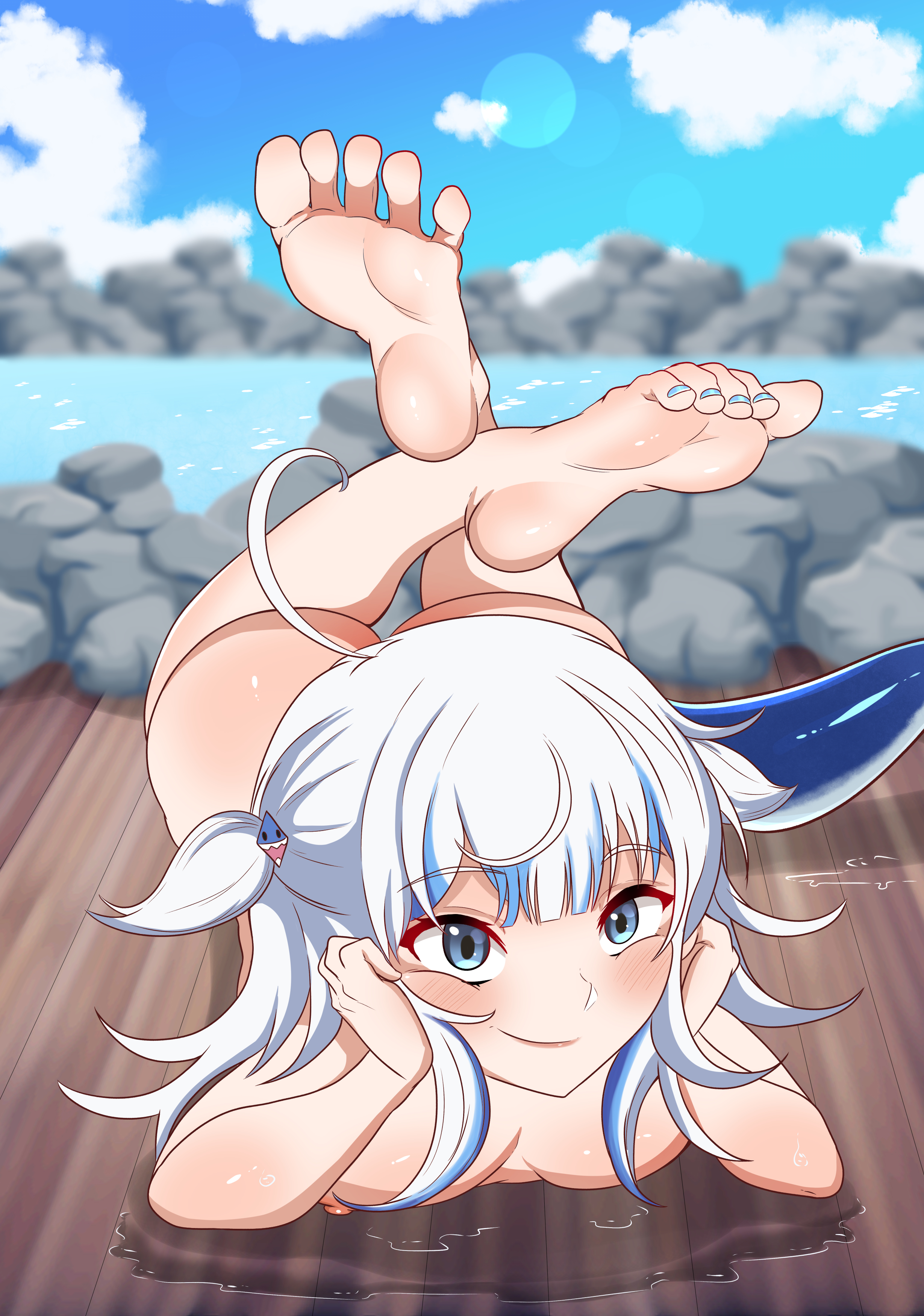1girls, artofadam, barefoot, blue eyes, breasts, completely nude, feet, female, female only, foot fetish, full body, gawr gura, hololive, hololive english, hololive myth, looking at viewer, naked, naked female, nipples, nude, nude female, on front, on stomach, painted nails, shark girl, shark tail, soles, solo, solo female, toes, virtual youtuber