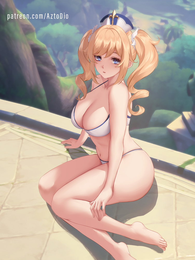 1girls, aged up, azto dio, barbara (genshin impact), blonde hair, blue eyes, breasts, female, genshin impact, large breasts, light skin, light-skinned female, nun, slim waist, thick thighs, thighs, twintails