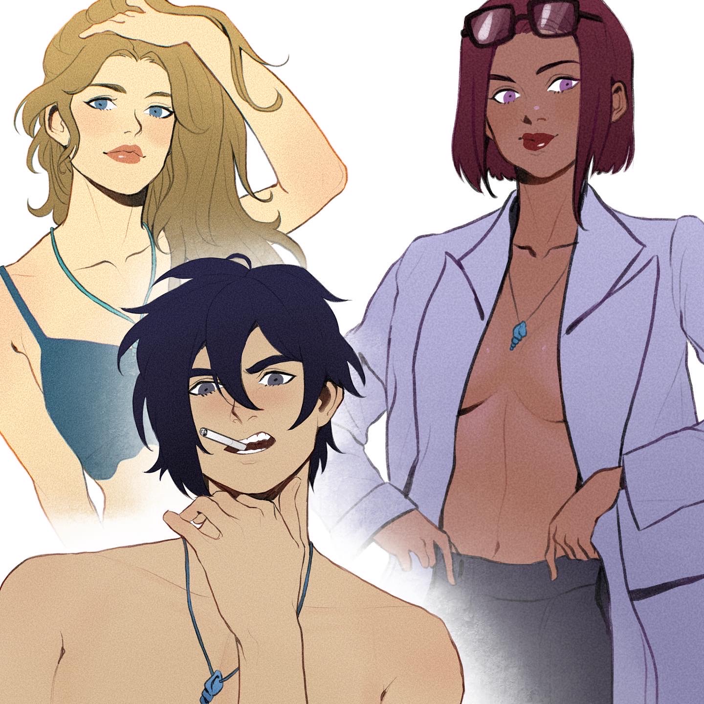 1boy, 2girls, black hair, blonde hair, blue bra, bra, dark skin, dark-skinned female, female, haley (stardew valley), light skin, light-skinned female, light-skinned male, m kun, male, maru (stardew valley), necklace, open jacket, sebastian (stardew valley), stardew valley