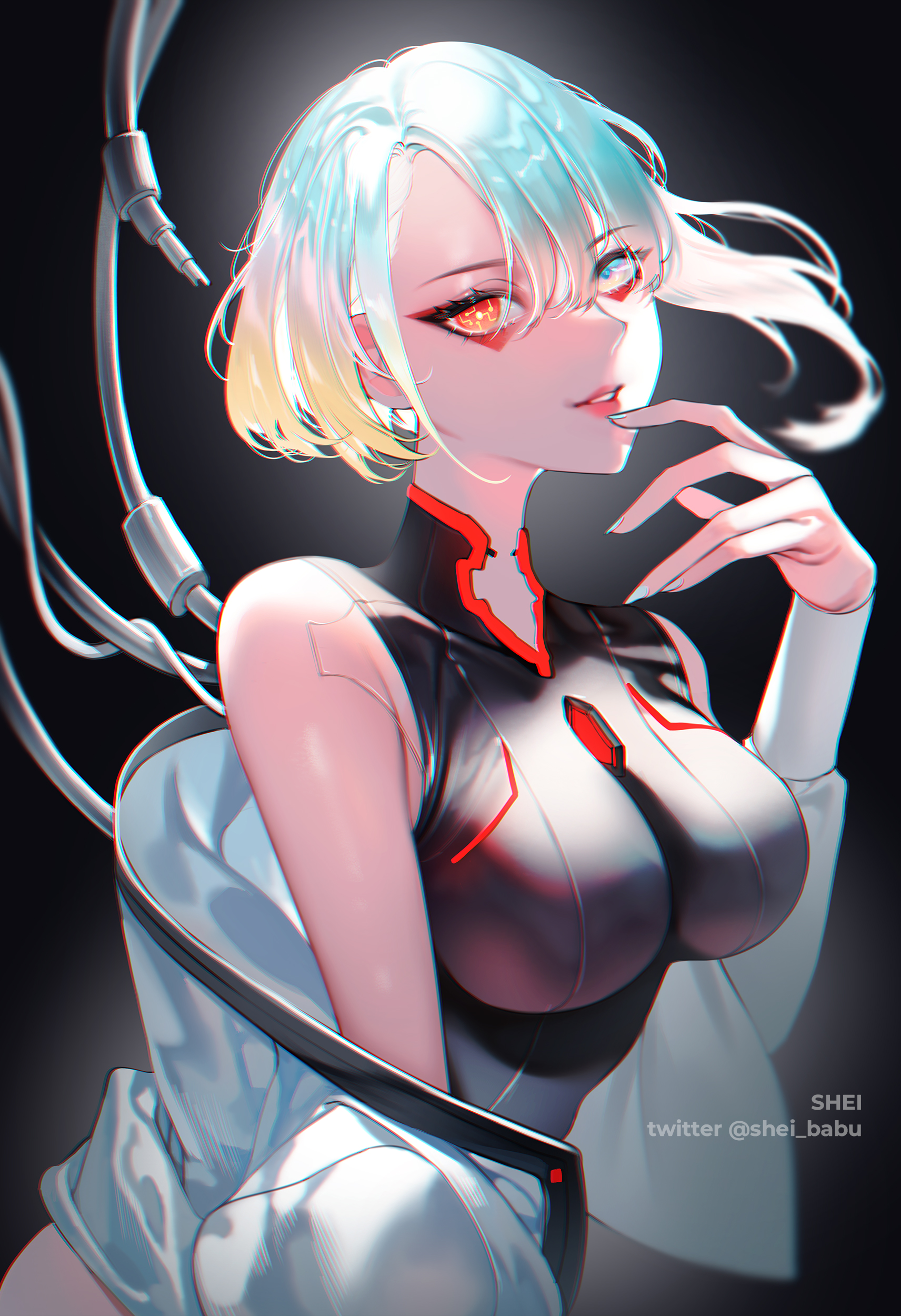 1girls, big breasts, breasts, cd projekt red, clothing, cyberpunk 2077, cyberpunk: edgerunners, female, female only, light skin, light-skinned female, lucyna kushinada, netflix, pale skin, pale-skinned female, shei babu, short hair, smile, solo, solo female, studio trigger, tight clothing