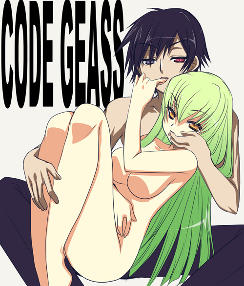 1boy 1girls big_breasts c.c. clothed_male code_geass completely_nude_female green_hair lelouch_lamperouge licking_finger licking_fingers long_hair nude_female tagme tajima_yoshikazu yellow_eyes