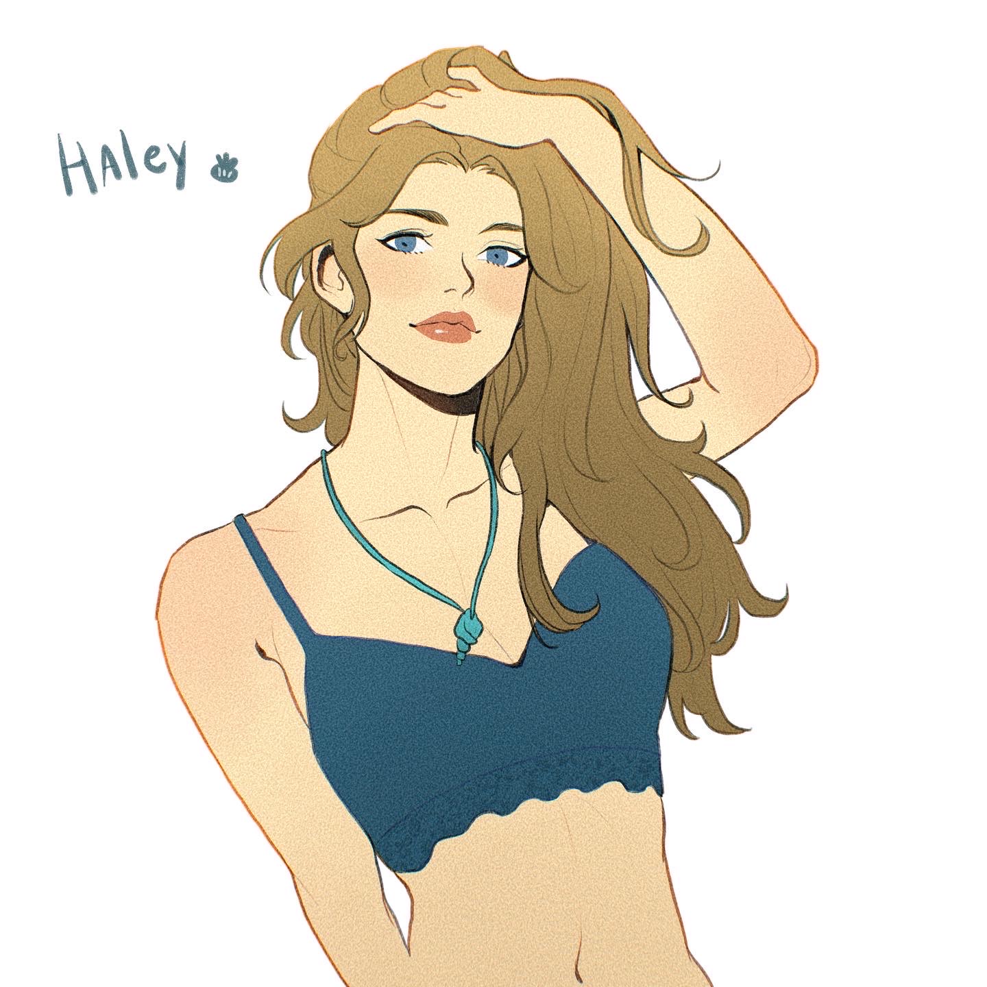 1girls, blonde hair, blue bra, blue eyes, bra, female, female only, haley (stardew valley), hand on head, light skin, light-skinned female, m kun, necklace, solo, stardew valley