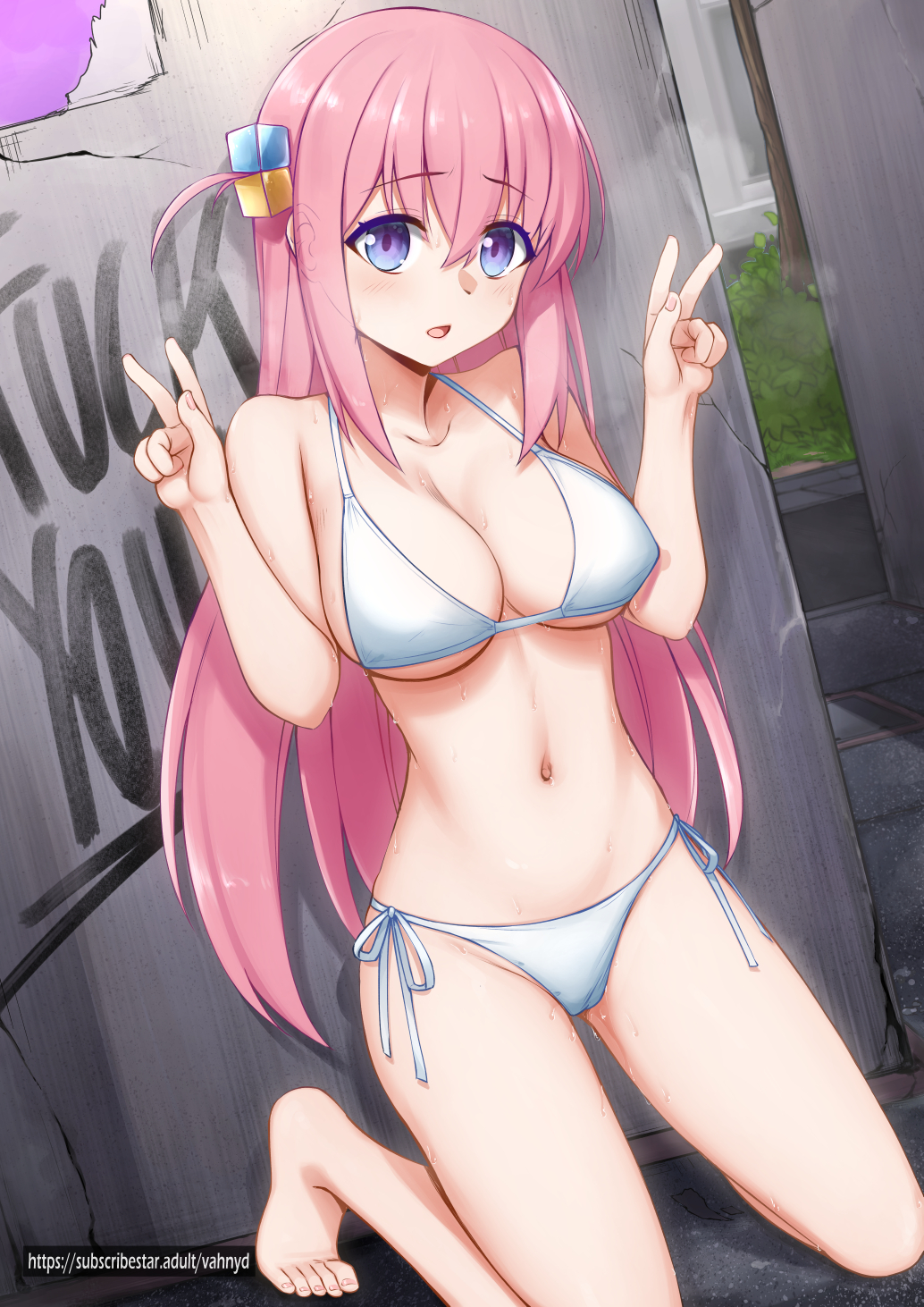 1girls :o ? bangs bare_legs barefoot bikini blush bocchi_the_rock! breasts collarbone covered_nipples cube_hair_ornament double_v female gotou_hitori hair_ornament hands_up high_heels highres kneeling large_breasts long_hair navel open_mouth outdoors pink_hair pussy_juice solo swimsuit v vahn_yourdoom white_bikini