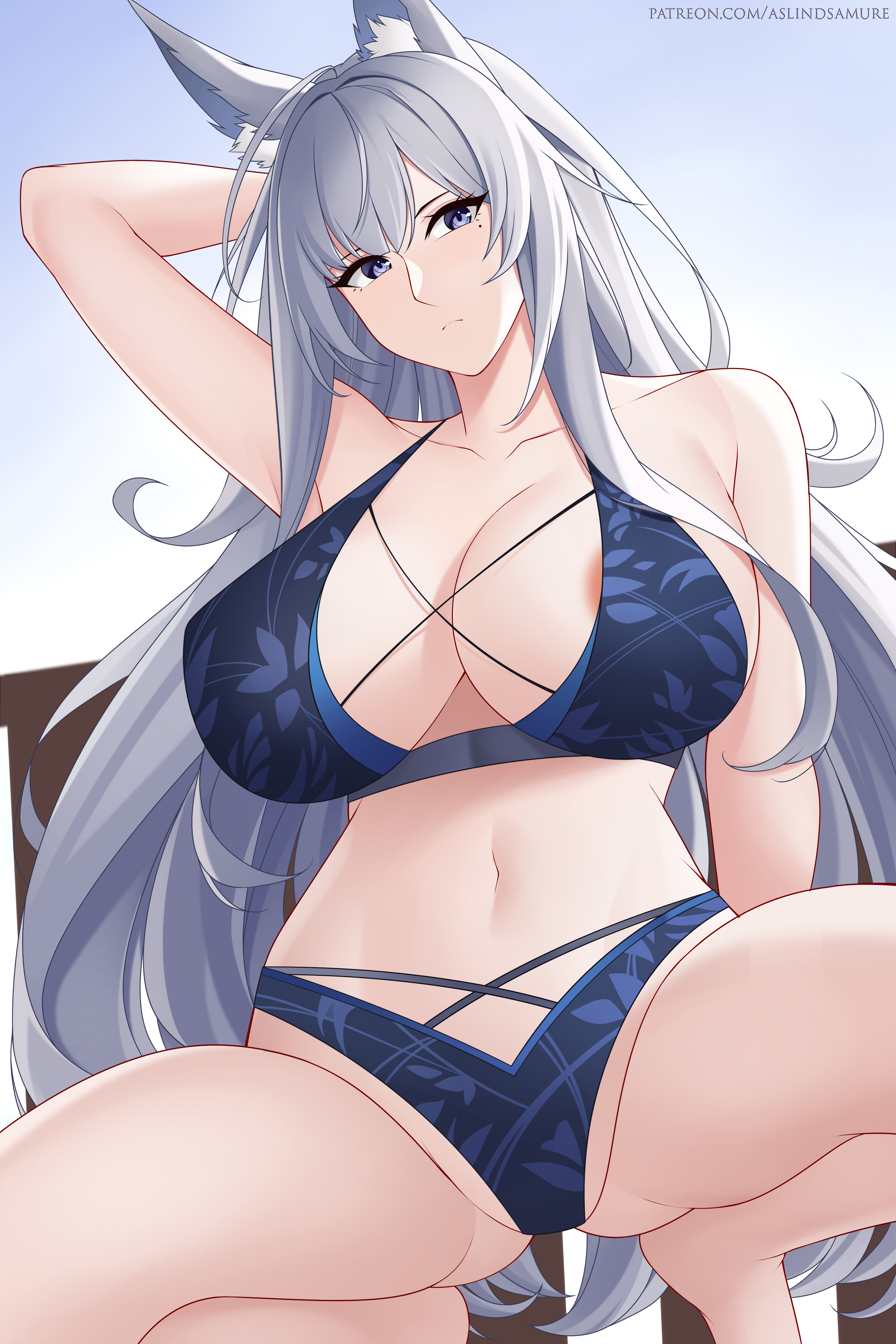 1girls, aslindsamure, azur lane, big breasts, blue eyes, blush, breasts, covered erect nipples, female, fox ears, fox girl, shinano (azur lane), solo