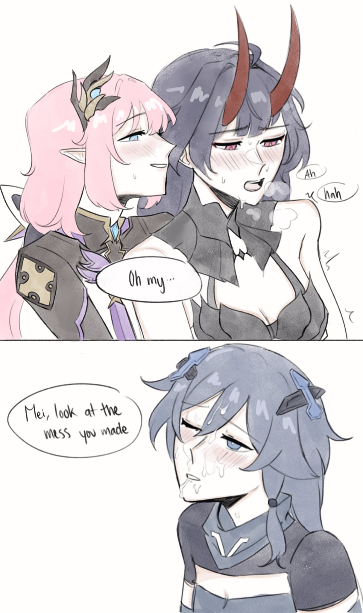 1futa, 2girls, after blowjob, after oral, after orgasm, after sex, breasts, clothed, clothing, cum on face, dialogue, elysia (honkai impact), english text, facial, female, fu hua, futanari, honkai (series), honkai impact 3rd, humanoid, implied fellatio, implied futa, intersex, kopiikopii, mostly clothed, one eye closed, pointy ears, raiden mei, text, threesome, visible breath