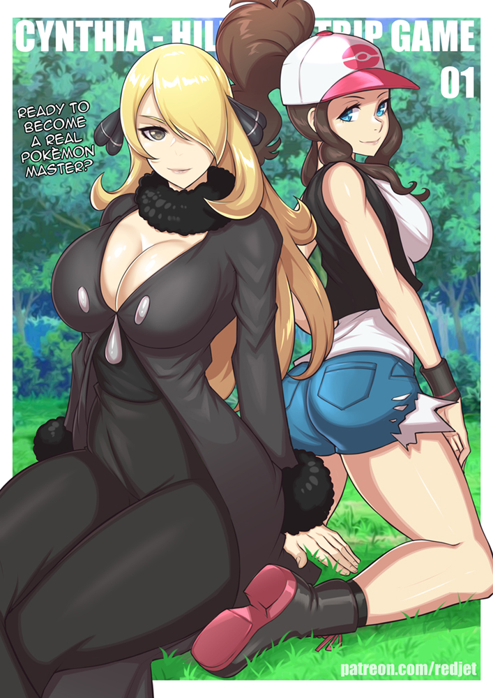 2girls big_breasts blonde_hair blue_eyes breasts brown_hair cleavage cynthia_(pokemon) english_text eye_contact female female_only fully_clothed game_freak hat hilda_(pokemon) light_skin long_hair looking_at_viewer nintendo part_1 pokemon pokemon_(game) pokemon_bw pokemon_dppt ponytail redjet shorts strip_game text thick_thighs thighs