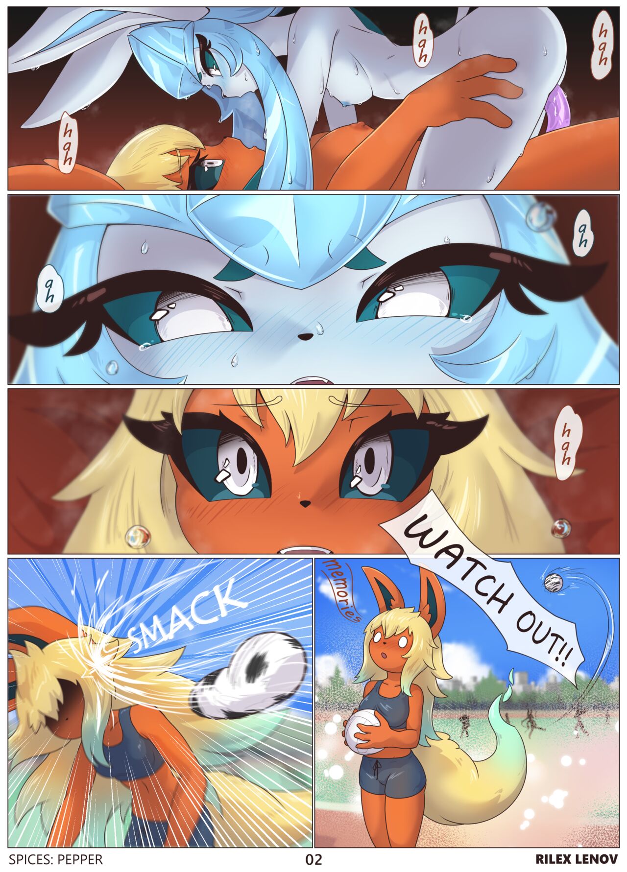 2girls aki_(rilex_lenov) ball blue_eyes blue_hair breasts brown_fur brown_hair bunny bunny_ears bunny_girl ear ears_up eeveelution english_text female flareon furry furry_only glaceon humanoid page_2 pokémon_(species) pokemon rabbit rabbit_ears rabbit_girl right_to_left rilex_lenov sex sex_toy small_breasts spices:_pepper_(comic) volleyball volleyball_uniform yuri