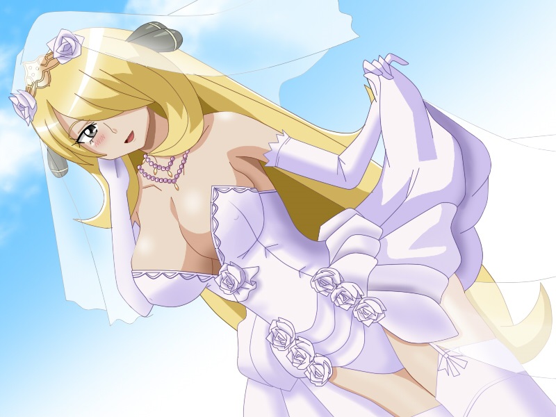 1girls blonde_hair breasts bridal_veil bride clouds corset cynthia_(pokemon) dress dress_lift garter_straps gloves grey_eyes hair_ornament hair_over_one_eye kechinbo_silver large_breasts long_hair looking_at_viewer necklace nintendo outside panties pokemon pokemon_dppt sky thighhighs veil wedding_dress white_corset white_dress white_gloves white_panties white_thighhighs