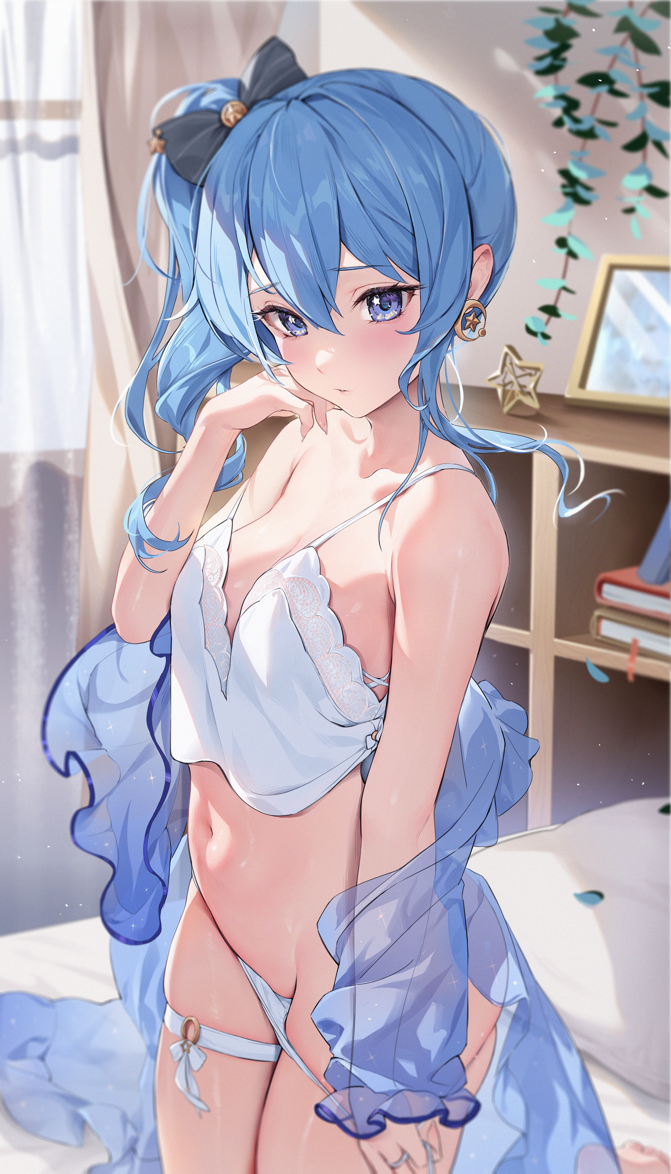 anime style, blue eyes, blue hair, female, hololive, hololive gen 0, hololive japan, hoshimachi suisei, houkiboshi (mmjw7432), looking at viewer, panty pull, virtual youtuber