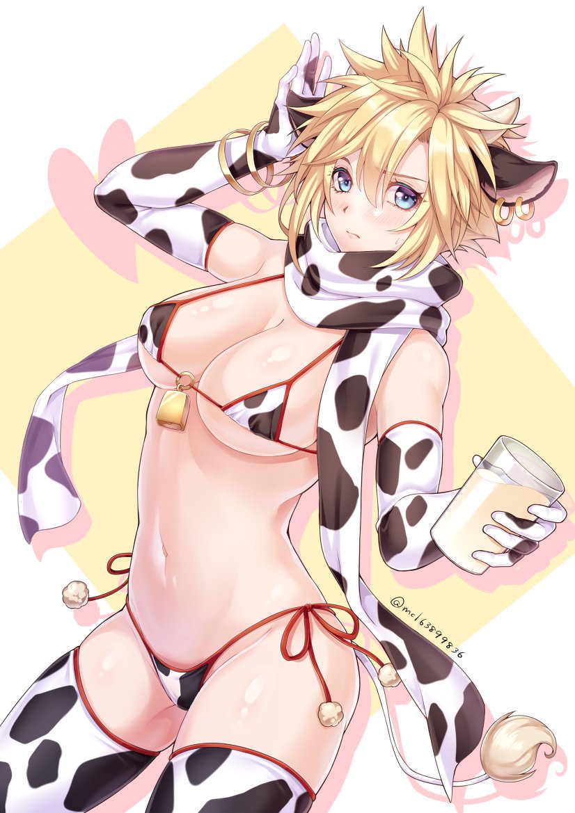 1girls bikini blonde_hair blue_eyes bracelet breasts cloud_strife cloudette_strife cow_ears cow_girl cow_print cow_print_bikini cow_print_gloves cow_print_swimsuit cow_print_thighhighs cow_tail cowbell cup earrings female female_only final_fantasy final_fantasy_vii genderswap_(mtf) gloves hana_dji holding_cup large_breasts looking_at_viewer milk navel rule_63 scarf side-tie_bikini side-tie_swimsuit solo spiky_hair swimsuit thighhighs thunder_head twitter_username