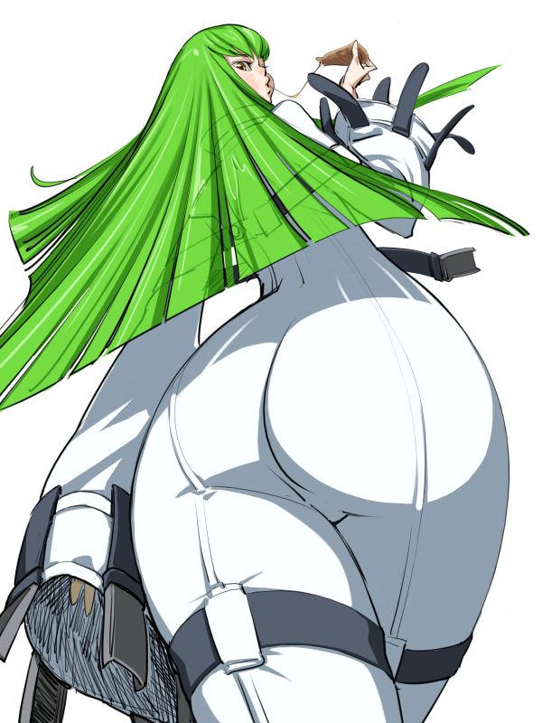 1girls, ass, ass focus, big ass, bobobo, c.c., code geass, female, green hair, long hair, pizza, tagme, yellow eyes