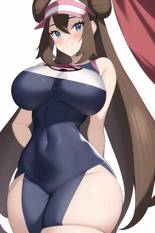 1girls, 2:3, 2d, ai generated, bare arms, bare shoulders, blue eyes, blush, bodysuit, breasts, brown hair, clothing, covered navel, curtains, double bun, female, female only, hair between eyes, hair bun, hand on hip, hat, large breasts, long hair, long twintails, looking at viewer, nai diffusion, nintendo, no panties, pelvic curtain, pokemon, pokemon bw, pokemon bw2, rosa (pokemon), simple background, skin tight, sleeveless, smile, solo, stable diffusion, standing, teeth, thick thighs, thighs, tight clothing, twintails, very long hair, visor cap, voluptuous, white background, wide hips